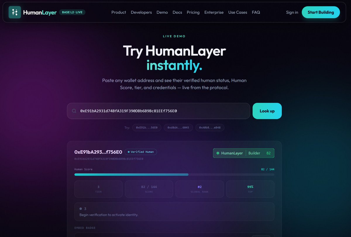 HumanLayerlabs's tweet photo. HumanLayer demo is now live.

Paste a wallet.
See:
• verified human status
• Human Score
• credentials
• reputation tier
• live protocol response
We’re still testing the full platform with early users and developers as we continue building the trust layer for the AI internet.
Next:
pilot integrations + Sign in with HumanLayer.