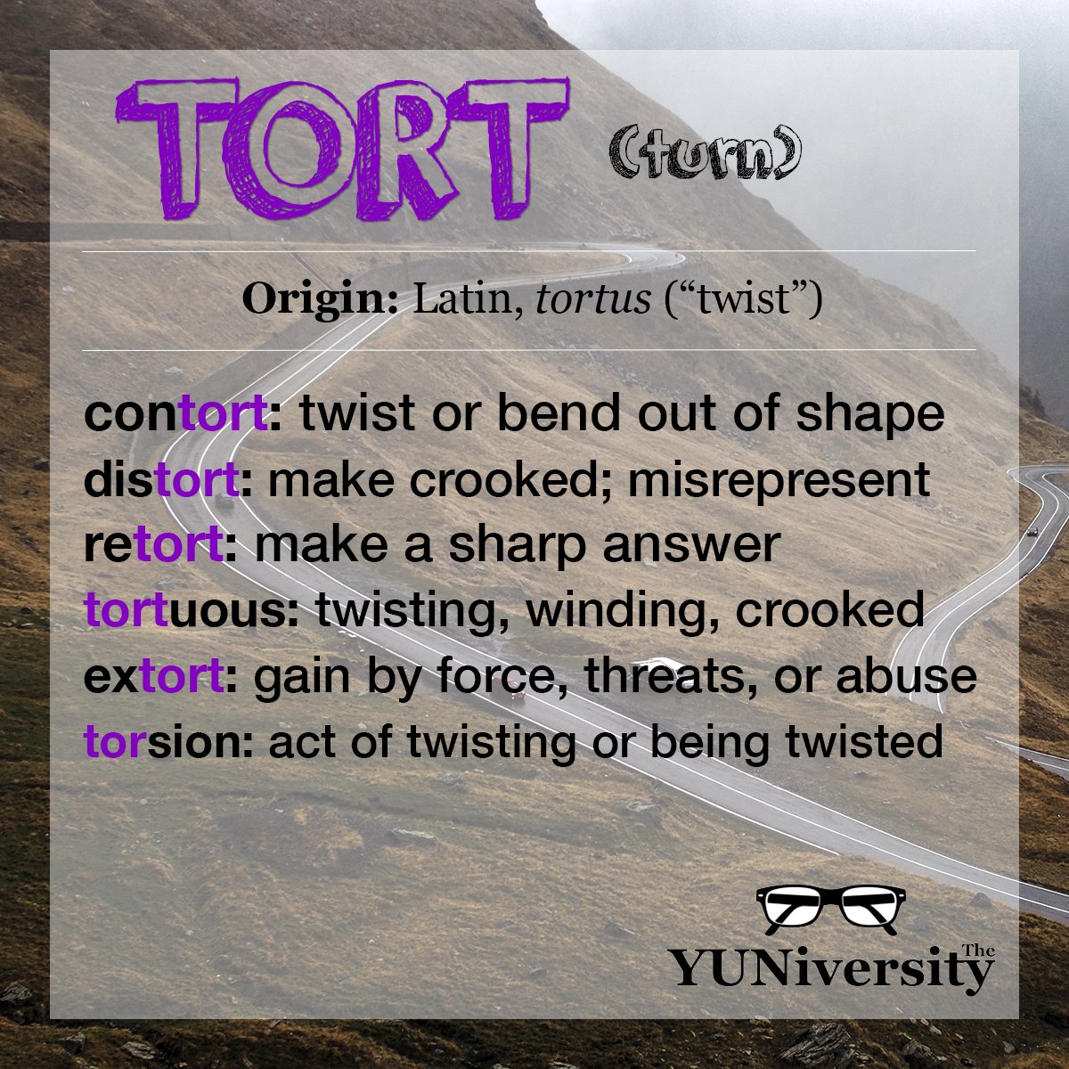 The_YUNiversity's tweet photo. Words built on “tort” all share a twist in meaning.

• contort: twist out of shape
• distort: twist the truth
• retort: twist back with a sharp reply
• tortuous: full of twists and turns
• extort: twist someone’s arm for gain

Language loves a good turn. 🌀📚

#vocabulary https://t.co/6PPxO75Jgt