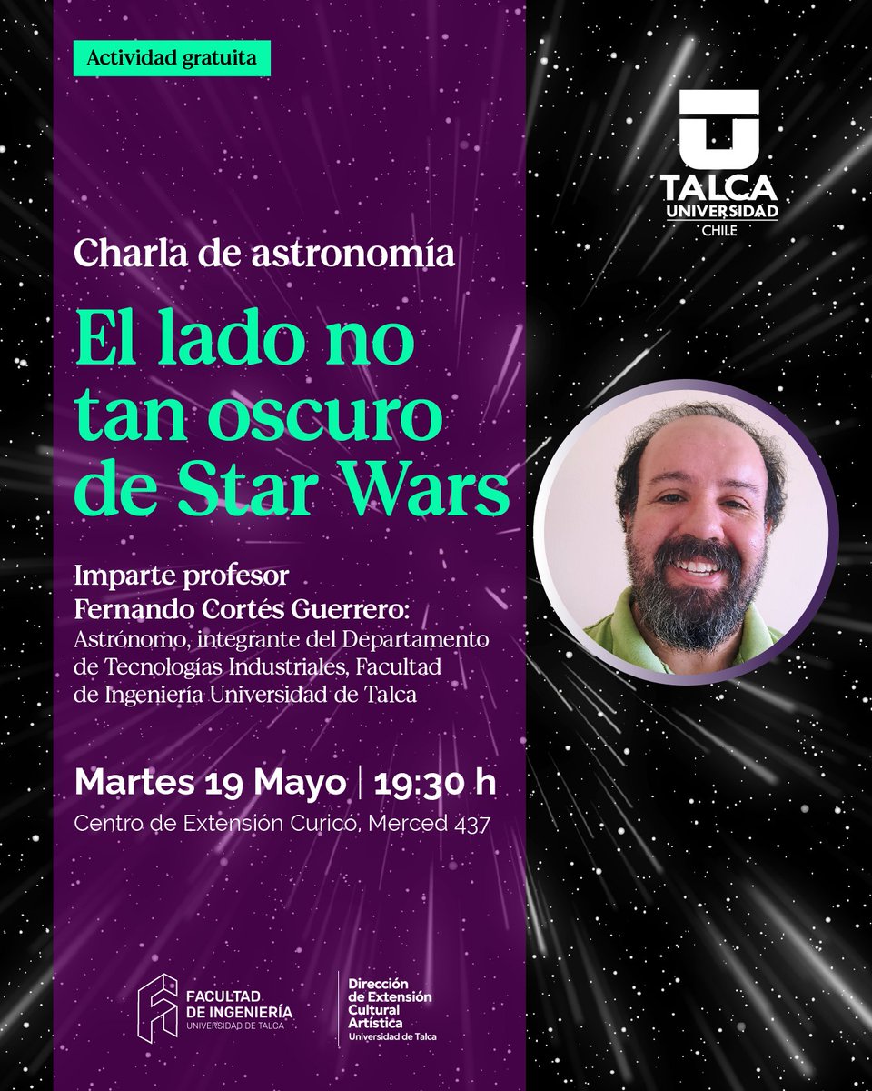 UTalca's tweet photo. Charla de astronomía "El lado no tan oscuro de Star Wars".

🗓️Martes 19 de mayo.
🕖19:30 horas.
📍Centro de Extensión Curicó, Merced 437. https://t.co/HwRt44gj6u