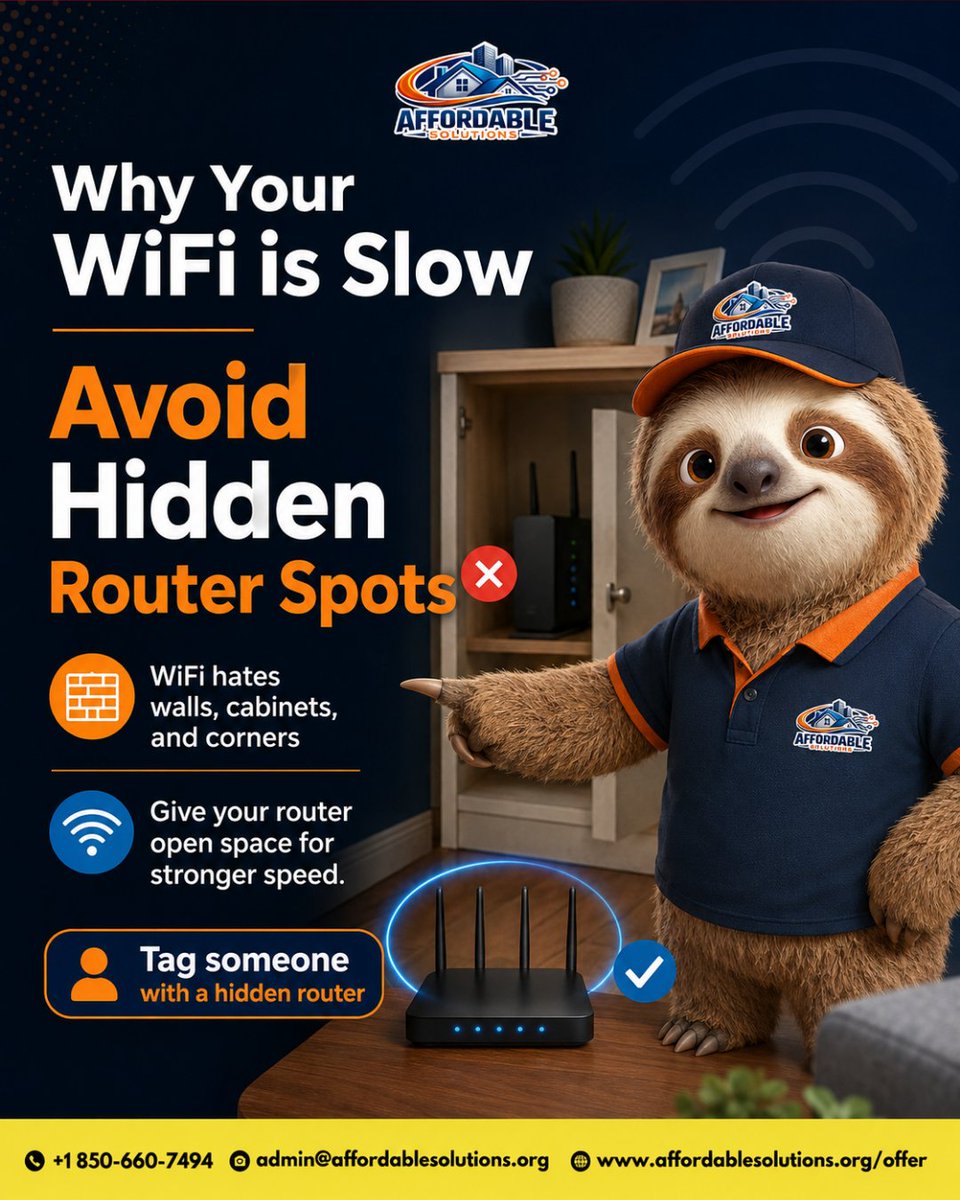 Affordable43652's tweet photo. Stop Hiding Your Router
Your WiFi needs space to breathe Move your router out in the open for faster speeds.
Call: (850) 660-7494
Visit: https://t.co/LZotzNAqAF
Email us at: admin@affordablesolutions.org
#WiFiTips #FastInternet #RouterSetup #TechTips #AffordableSolutions https://t.co/M9hc1nmqlG
