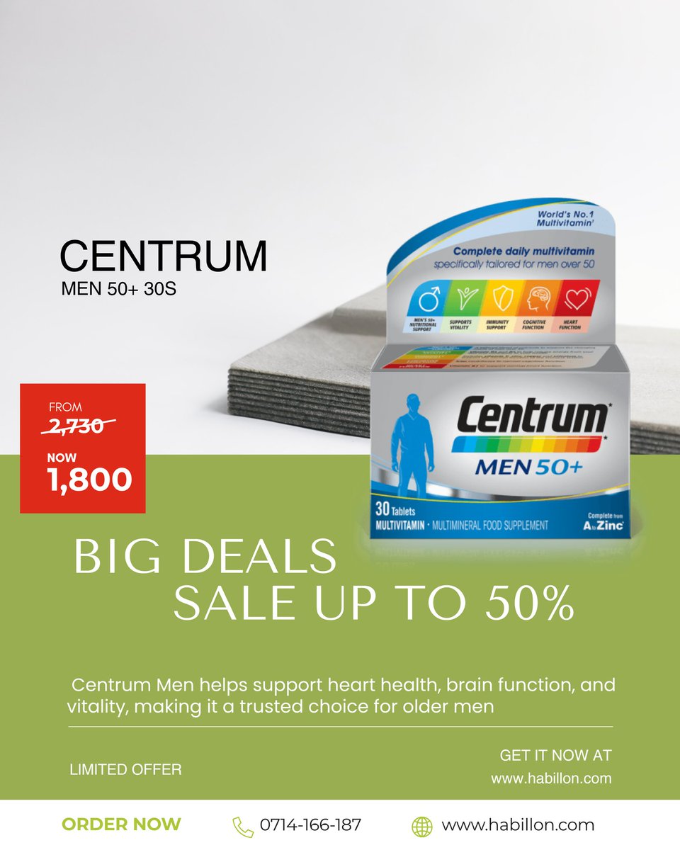 Habillon_ke's tweet photo. Centrum Men 30s is now on a BIG DEAL SALE 

Was KSh 2,730
NOW ONLY KSh 1,800

These delicious gummy vites support your child’s health, development and immune system. 

📞 0714-166-187

#LilCritters #MelatoninForKids #HabillonPharmacy #KidsWellness https://t.co/6ASgTkV3wV