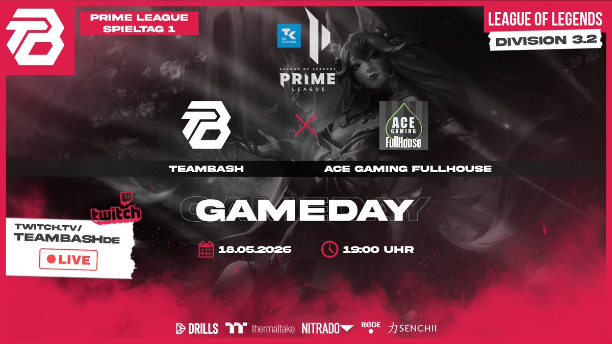 TeamBasH_Gaming's tweet photo. Spieltag !

Freunde, es geht wieder los.

Wann: Heute, 19 Uhr
Wo: https://t.co/pwLuUlr3ya
Gegen: @acegamingde Fullhouse
Cast: @prinzessinrena 

Zeit abzuliefern!⚔️

#primeleague #leagueoflegends #spieltag https://t.co/RbUHM8Nuub