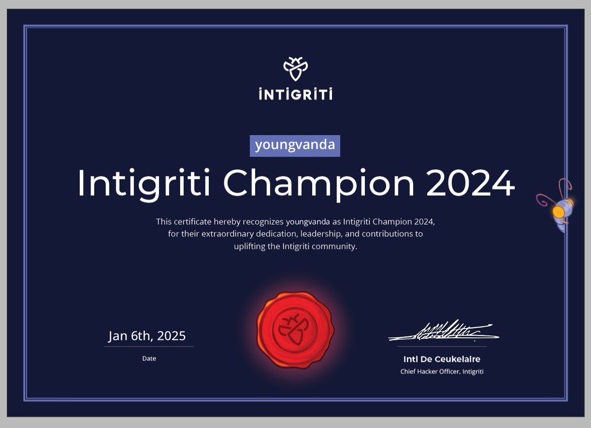 young_vanda_'s tweet photo. Been meaning to post this for a while (procrastination hit hard 😅).

Massive thanks to @intigriti for recognizing my 2024 performance!

Honored &amp; grateful to be part of this amazing community ⚡⚡⚡

#HackWithIntigriti #BugBounty #InfoSec #Champ #Cybersecurity #Grateful https://t.co/eMxKW9W1Gj