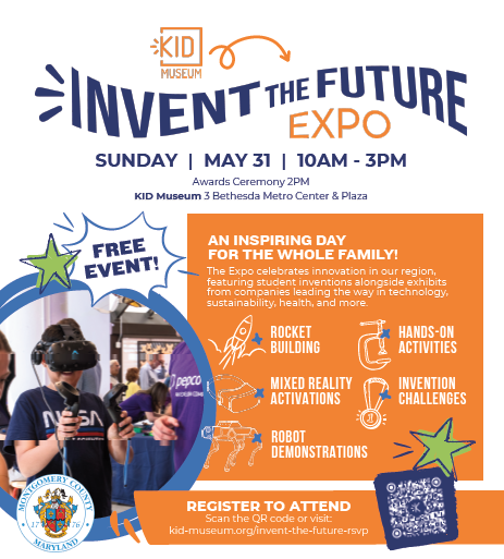 MontgomeryCoMD's tweet photo. Get ready to invent, create, and explore 🔬🤖

KID Museum’s free “Invent the Future Expo” returns May 31 in Bethesda with robotics, hands-on activities, virtual reality, sustainability exhibits, and interactive STEM experiences for all ages.

Register: https://t.co/Fpk9kqwQ8w https://t.co/LYaeRrZLKk