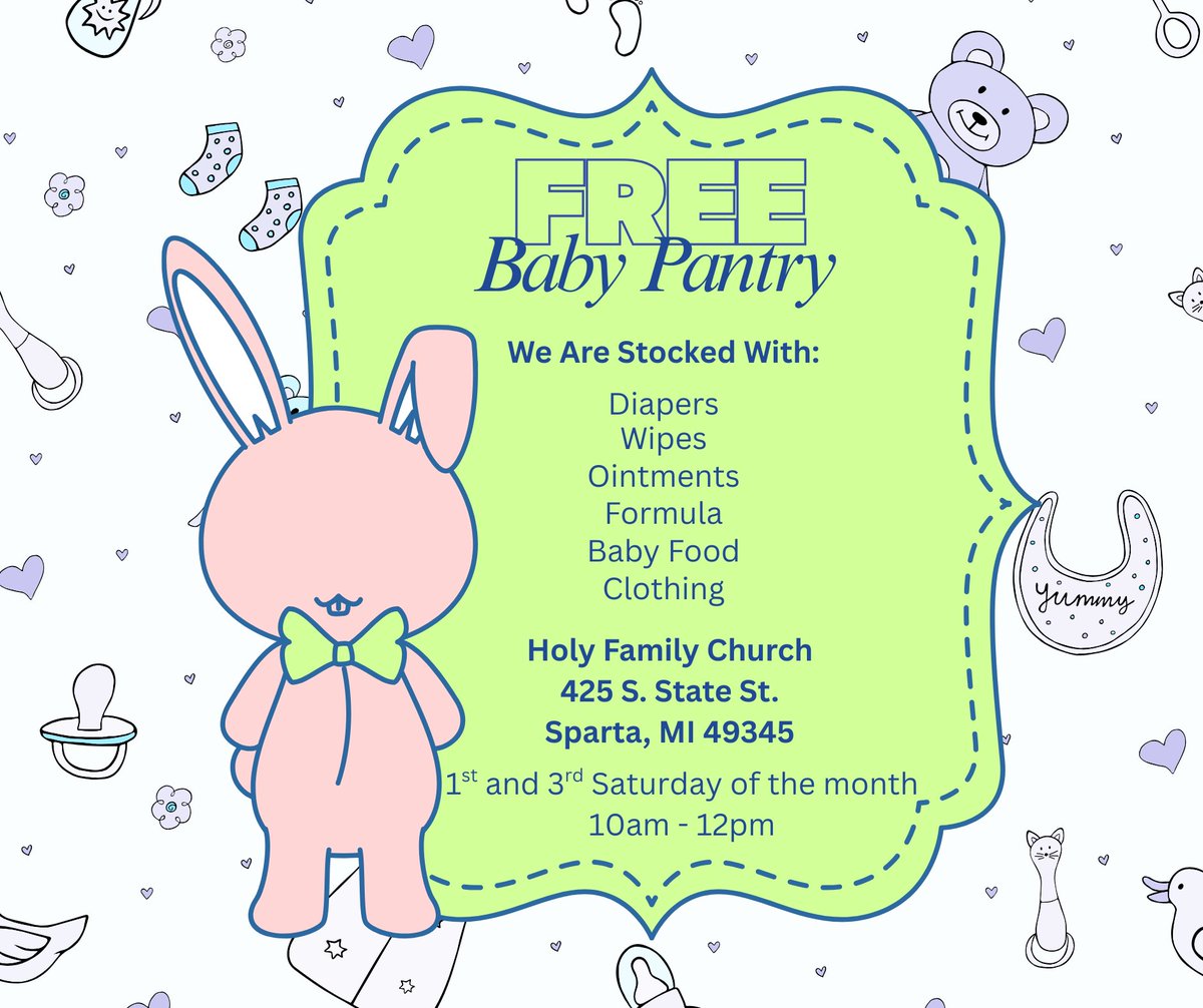 imaraindancer's tweet photo. The June dates for our Baby Pantry at Holy Family in Sparta are June 6 and 20, 2026 from 10 am - noon.

You do not have to live in Sparta to use the Baby Pantry. 

It is FREE. No references or classes are required.

Please spread the word <3 

https://t.co/3g4N4yVeia https://t.co/zmBwMoUj2x