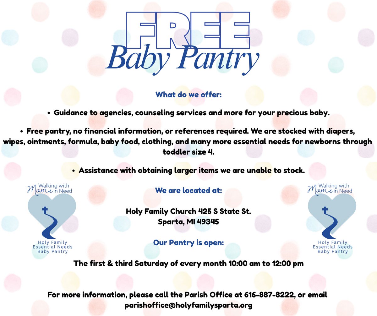 imaraindancer's tweet photo. The June dates for our Baby Pantry at Holy Family in Sparta are June 6 and 20, 2026 from 10 am - noon.

You do not have to live in Sparta to use the Baby Pantry. 

It is FREE. No references or classes are required.

Please spread the word <3 

https://t.co/3g4N4yVeia https://t.co/zmBwMoUj2x
