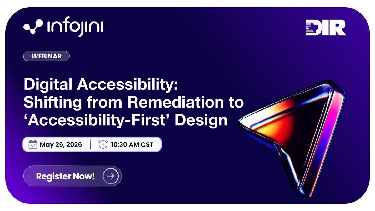 infojini_inc's tweet photo. Digital accessibility is becoming essential for modern public services.
Join our webinar with DIR:
“Digital Accessibility: Shifting from Remediation to Accessibility-First Design”
📅 May 26, 2026
Register Now
https://t.co/Q65a33CX0S

#InfojiniWebinar #DigitalAccessibility https://t.co/rmd0c2m7zG