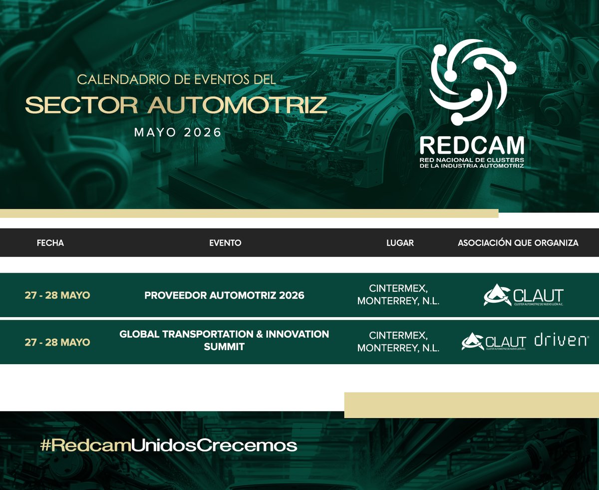 ClustersAutoMex's tweet photo. 📅 ¡Ya está disponible el calendario de eventos de mayo de la REDCAM!  

Te invitamos a conocer la agenda del mes y sumarte a los espacios de colaboración https://t.co/ItaF7oHvQp