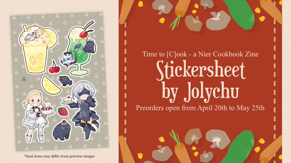 jolychu's tweet photo. 👻🍋 [1/2] I had the honor of designing a NieR Rein-themed sticker sheet and recipe card for the NieR Cookbook Zine. #NieR

Pre-Order Link in Comments (open until 5/25 - only a few days left!) See below⬇️ https://t.co/AZ6IUmW8pi