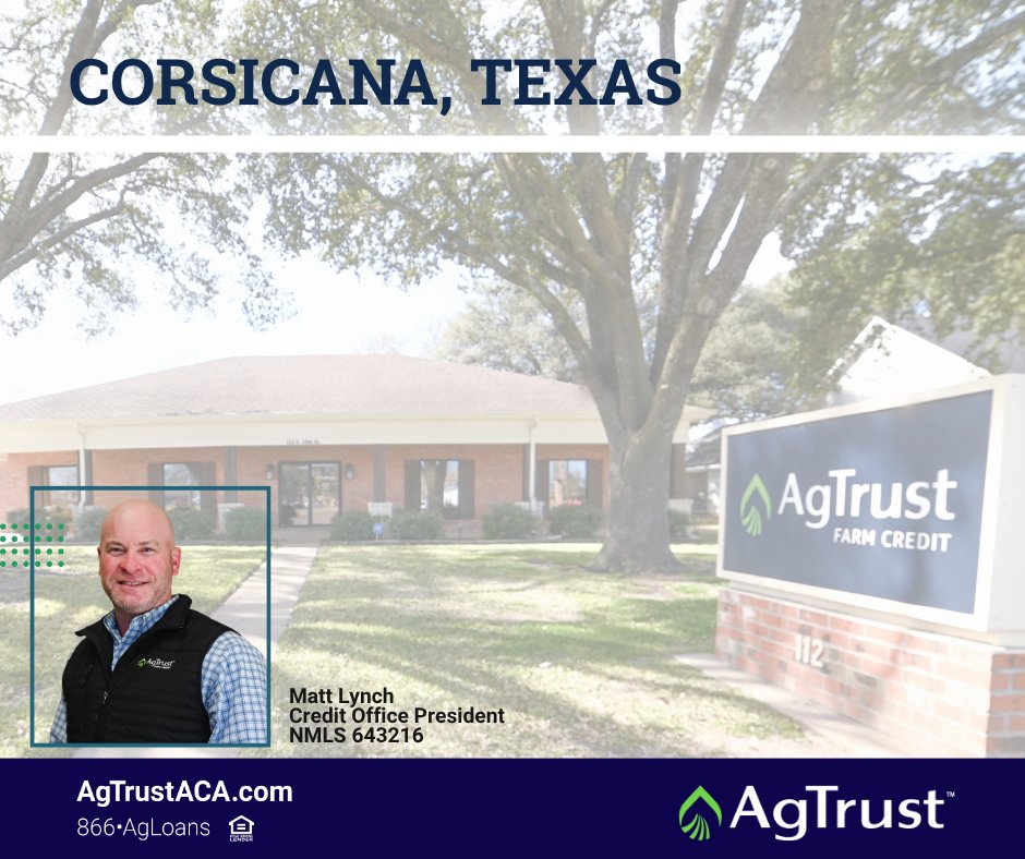 AgTrust_FC's tweet photo. Corsicana is rooted in Texas history and agriculture, offering opportunity just southeast of Dallas.

Led by Matt Lynch, our Corsicana team helps customers finance farm and ranch land, recreational property, and agribusiness investments.

Learn more: https://t.co/ePrHqVWJHq https://t.co/gjuc3Af0XV