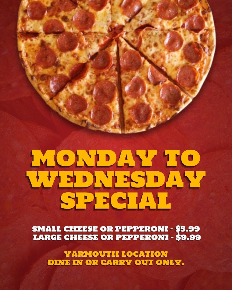RomeosME's tweet photo. Early week slump? We have a deal for that. 🍕

Every Monday, Tuesday, and Wednesday, grab a Small Cheese or Pepperoni for $5.99, or a Large Cheese or Pepperoni for $9.99 at Romeos Yarmouth!

(Dine-in or carry-out only, no delivery)

See you here! https://t.co/g63WzOfcUv https://t.co/Dl5NJ6Id8J