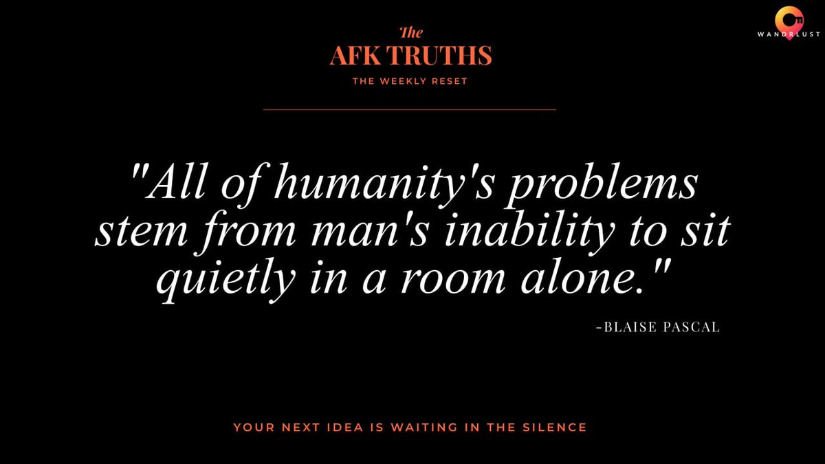 WandrLust_io's tweet photo. AFK Truths | The Weekly Reset

Last week's challenge: one real conversation, in person. Did it change anything? Tell us below.

This week's truth: your brain needs boredom to function at its best.

When you're not focused on a task, your brain switches into its most creative, empathetic state.

Your best thinking happens in the gaps. Walking. Waiting. Staring out a window.

7 Day Challenge: Do Nothing

Once a day this week, do nothing for 10 minutes.

No music. No podcast. No scrolling.

Just sit with your thoughts.

Comment "I'm in" if you're joining us. It's a tough one.

Next week we'll share who showed up, and what came to mind.

Who's in? 👇