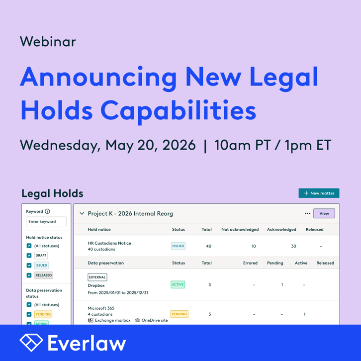 everlaw's tweet photo. 🔥 #WEBINAR #ALERT! Everlaw Legal Holds: Announcing Exciting New Capabilities - May 20, 10am PT / 1pm ET!

👉 Save your seat today > https://t.co/2VY1InhjMR 

#Ediscovery #LegalTech #LegalHolds https://t.co/cCXpEkweaS