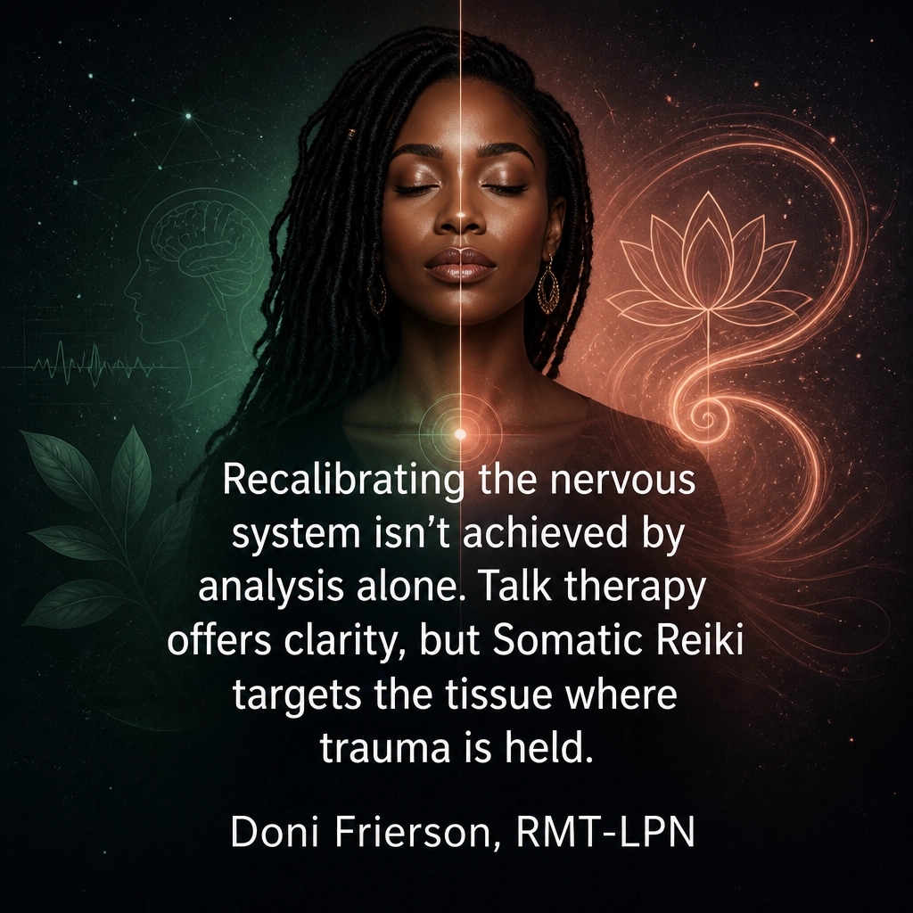 DoniFrierson's tweet photo. Recalibrating the nervous system requires more than cognitive analysis. Somatic Reiki targets the tissue where trauma is held, bypassing the mind for deep, lasting release.

Doni Frierson, RMT-LPN

#somaticreiki #traumarelease #nervoussystem #holistichealth https://t.co/2fqUbCb1mT