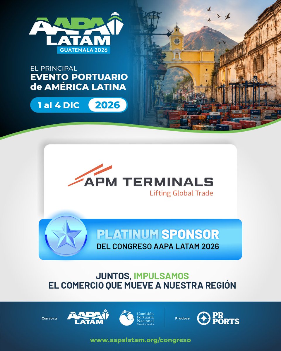 AAPALATAM's tweet photo. 🚢@APMTerminalsQTZ  se suma como Platinum Sponsor de #AAPALATAM2026
Terminal especializada de contenedores y actor clave para la competitividad logística de Guatemala, conecta al país con mercados globales con operaciones seguras, eficientes y sostenibles.
https://t.co/7yLYcljGmS https://t.co/25hz8vY5Q7
