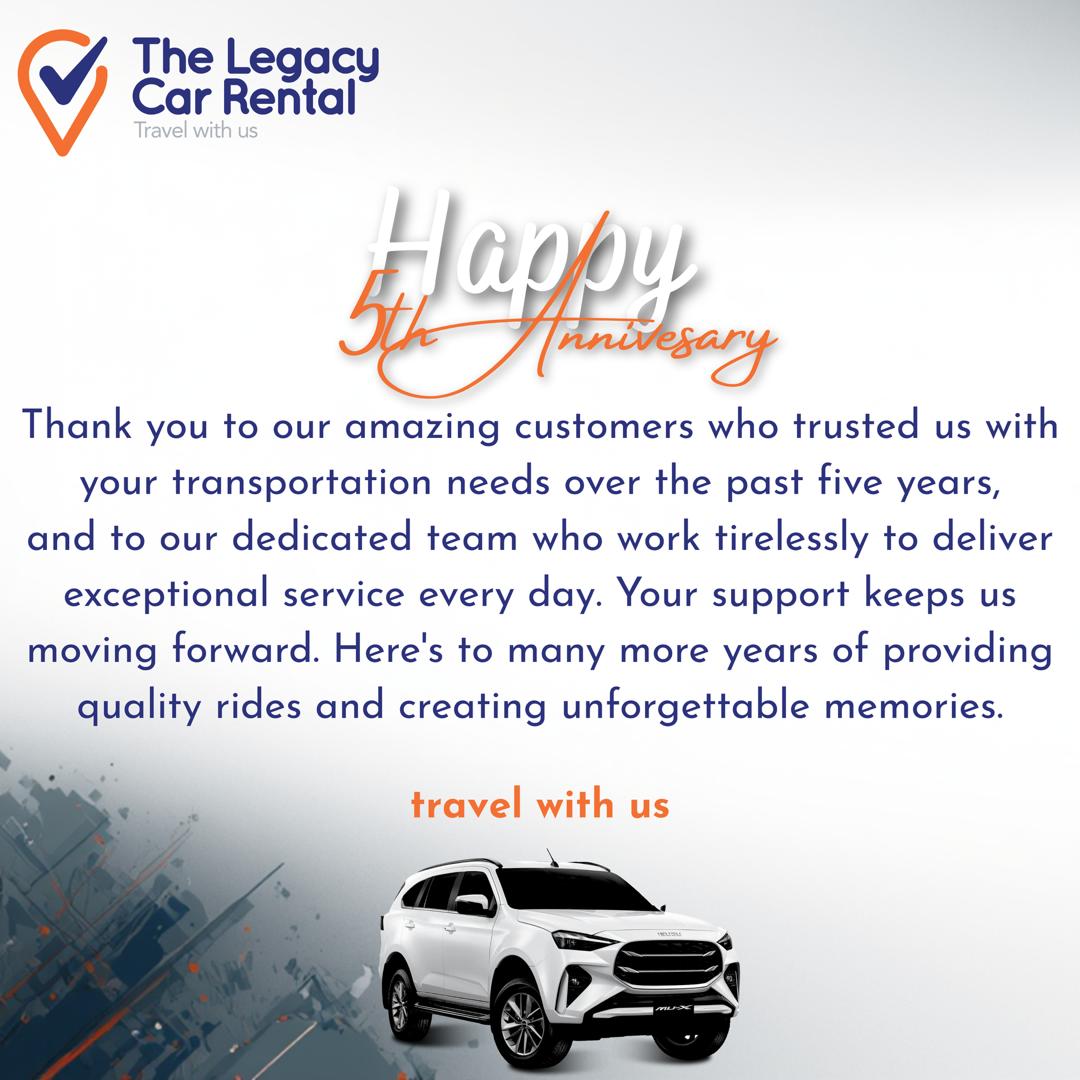 legacy_rental's tweet photo. Five years of miles, memories, and excellent journeys. Today, The Legacy Car Rental officially turns 5 years old!
Thank you, Zimbabwe, for trusting us with your journeys. Here’s to the next 5 years and beyond!
#5YearAnniversary #5yearsold #thankyouforyoursupport #TravelWithUs https://t.co/oAo3wcA5C4