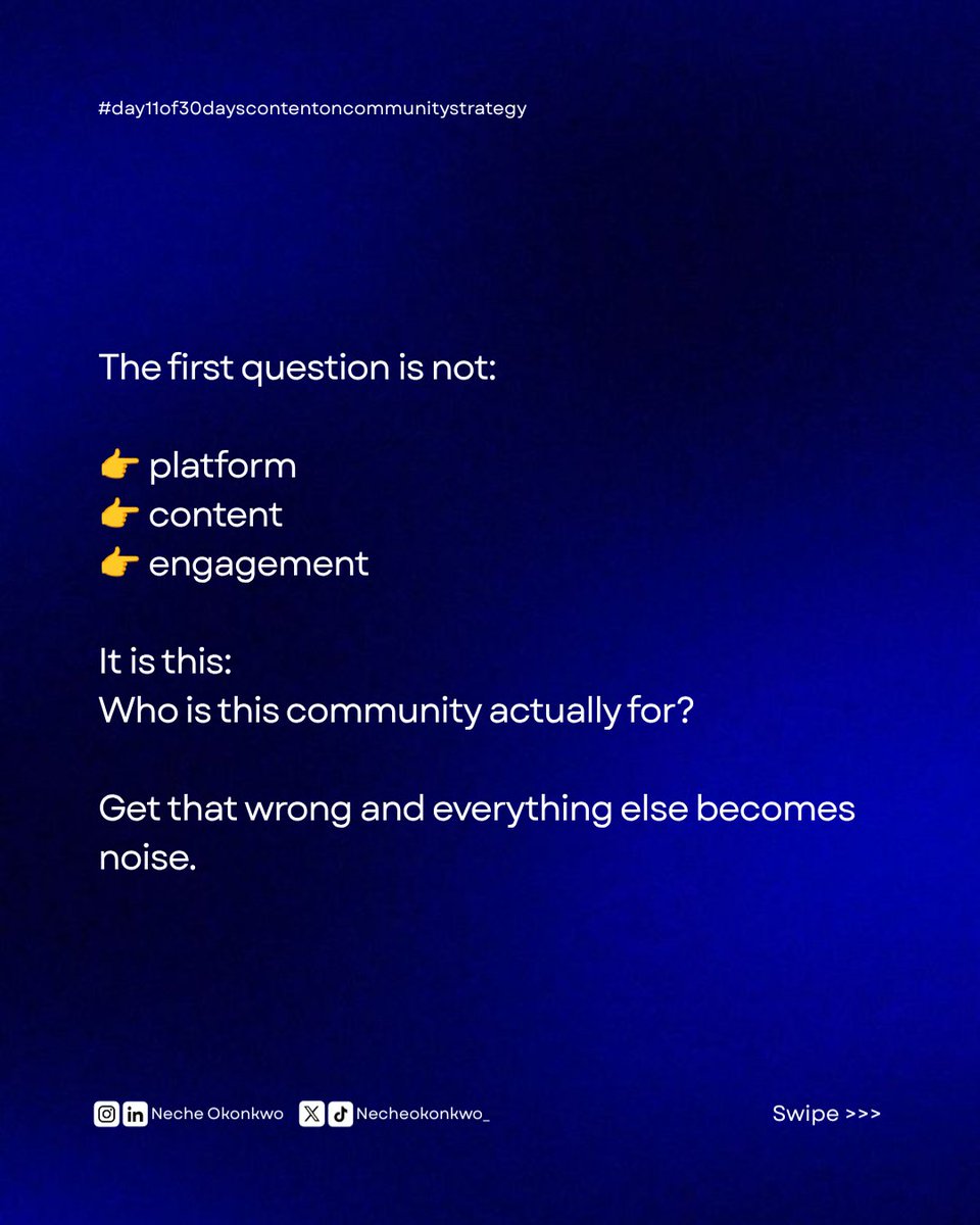 necheokonkwo_'s tweet photo. Real communities don’t start with growth.
They start with clarity:
👉 one person,
👉 one recurring pain,
👉one reason to return.
Everything else is structure.
PS: Day 11 of my consistency challenge. 🎉
#saas
#communitybuilding
#communitymarketing
#communitystrategy https://t.co/cCZJDqEcy9
