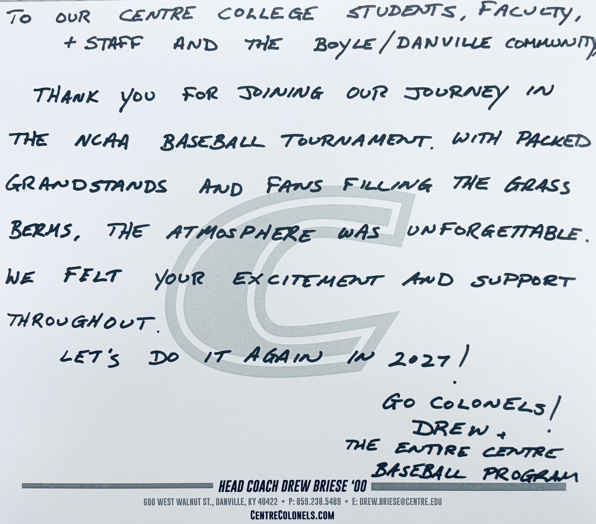dbriese8's tweet photo. Thank you @CentreC , @CentreAthletics , Boyle/Danville community! @CentreBaseball felt your support! https://t.co/nOLUA1E8CF