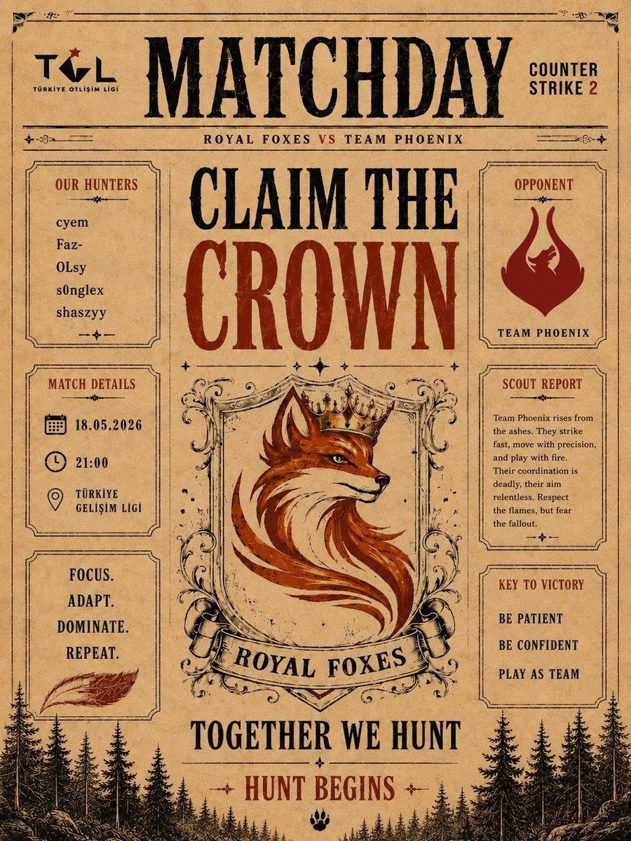 royalfoxesgg's tweet photo. Akşama piliç çevirme var.

Türkiye Gelişim Ligindeki 7. maçımız @teamphoenixtr 
takımına karşı.  

Yayın Linki: https://t.co/HdXZ3baYrO

#TogetherWeHunt #HuntBegins https://t.co/mpB2zXauXy