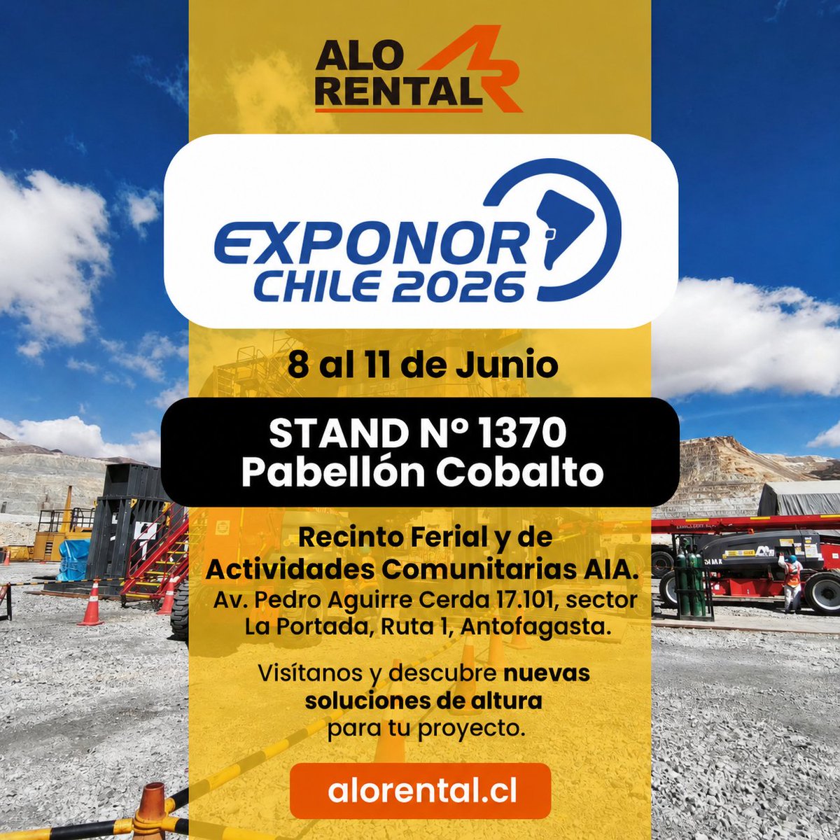 Alo_Group's tweet photo. ALO Rental estará en EXPONOR 2026🇨🇱 

Del 8 al 11 de junio presentaremos en Antofagasta soluciones para trabajo en altura y manipulación de carga, claves para la minería e industria. https://t.co/4xSg3dyXIj