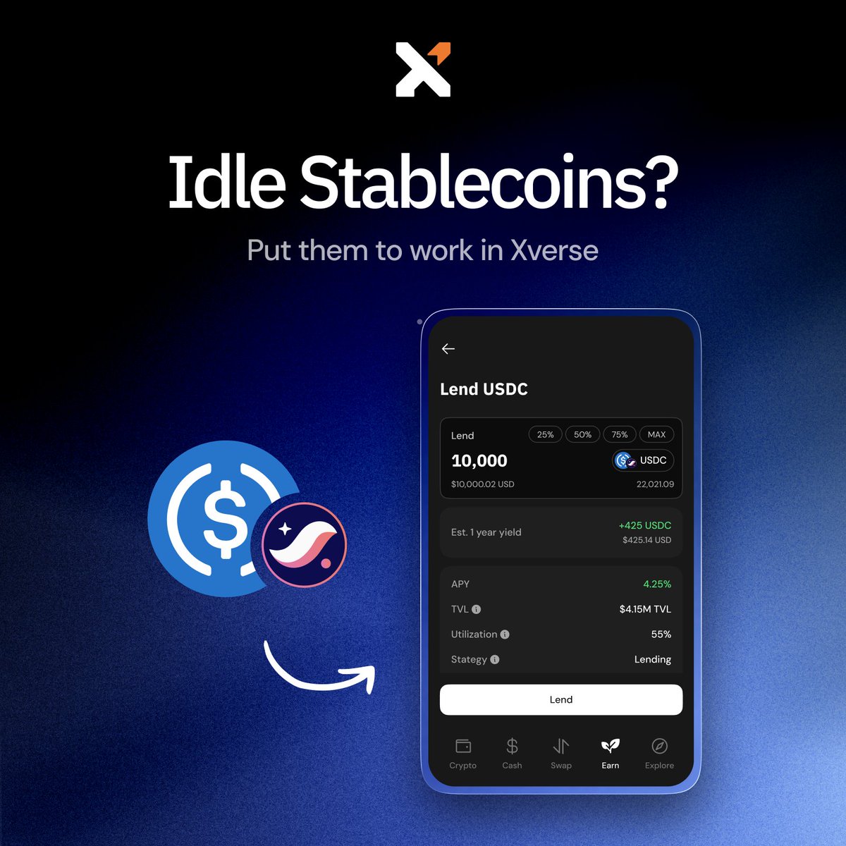 xverse's tweet photo. Xverse offers USDC lending powered by @VesuFinance on @Starknet.

It's easy as 1-2-3:
1. Deposit from your (old) bank to your new virtual USD account in Xverse.
2. Cash lands as digital dollars in USDC.
3. Now instantly you can earn variable yield.

Withdraw your cash anytime. https://t.co/rqO1Lmg4Tv