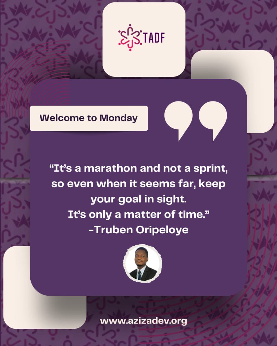 TheAzizaDev's tweet photo. Welcome to Monday 🌅
“It’s a marathon and not a sprint, so even when it seems far, keep your goal in sight.”
— Truben Oripeloye
A new week means another opportunity to stay focused, stay consistent, and keep moving forward. 🏁

#MondayMotivation #QuoteOfTheDay https://t.co/b18qaoF9XZ