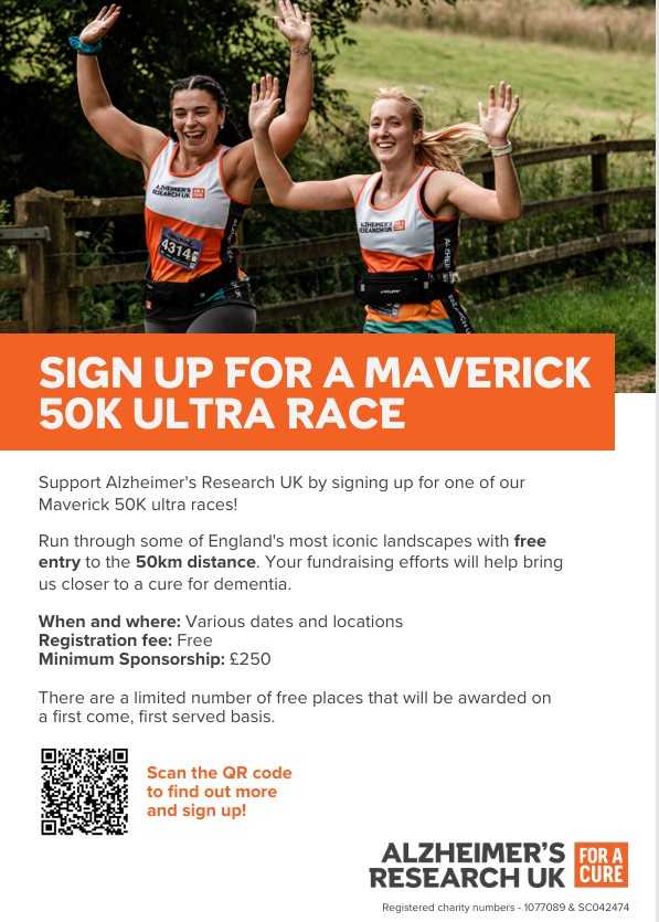 JamesAlzUK's tweet photo. Are you ready for an exciting new challenge?

Sign up for a Maverick 50k ultra race and run to support @AlzResearchUK!

Choose your race and sign up today! https://t.co/GpR02dgPjA