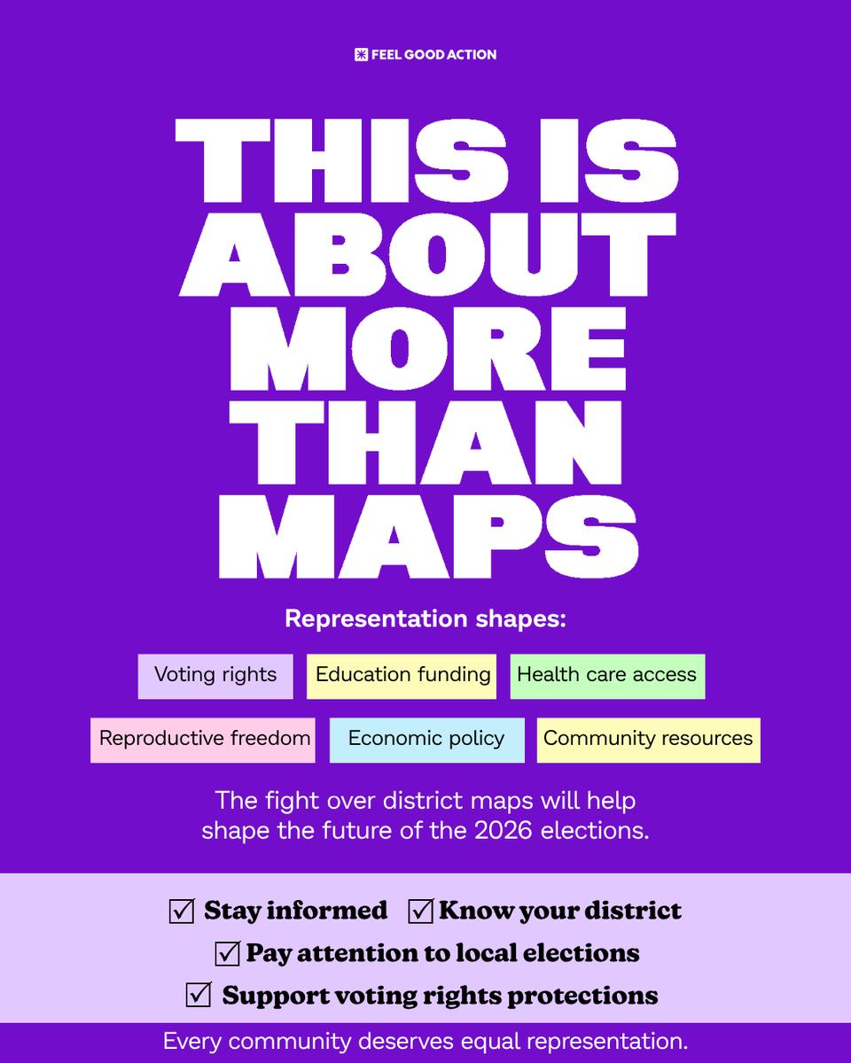 FeelGoodAction's tweet photo. The fight over voting maps is escalating. 🚨

A major Supreme Court decision is reshaping congressional districts across the South ahead of the 2026 midterms.

Read the full breakdown:
https://t.co/dUMmWs2uVw

#FeelGoodAction #VotingRights #Democracy #Redistricting https://t.co/Kec93FkK6S