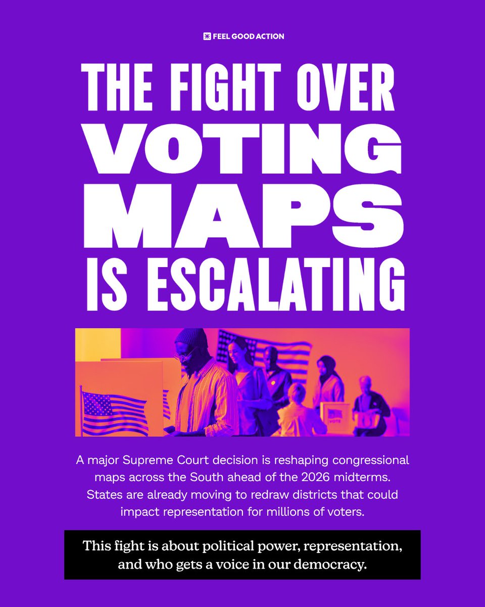 FeelGoodAction's tweet photo. The fight over voting maps is escalating. 🚨

A major Supreme Court decision is reshaping congressional districts across the South ahead of the 2026 midterms.

Read the full breakdown:
https://t.co/dUMmWs2uVw

#FeelGoodAction #VotingRights #Democracy #Redistricting https://t.co/Kec93FkK6S
