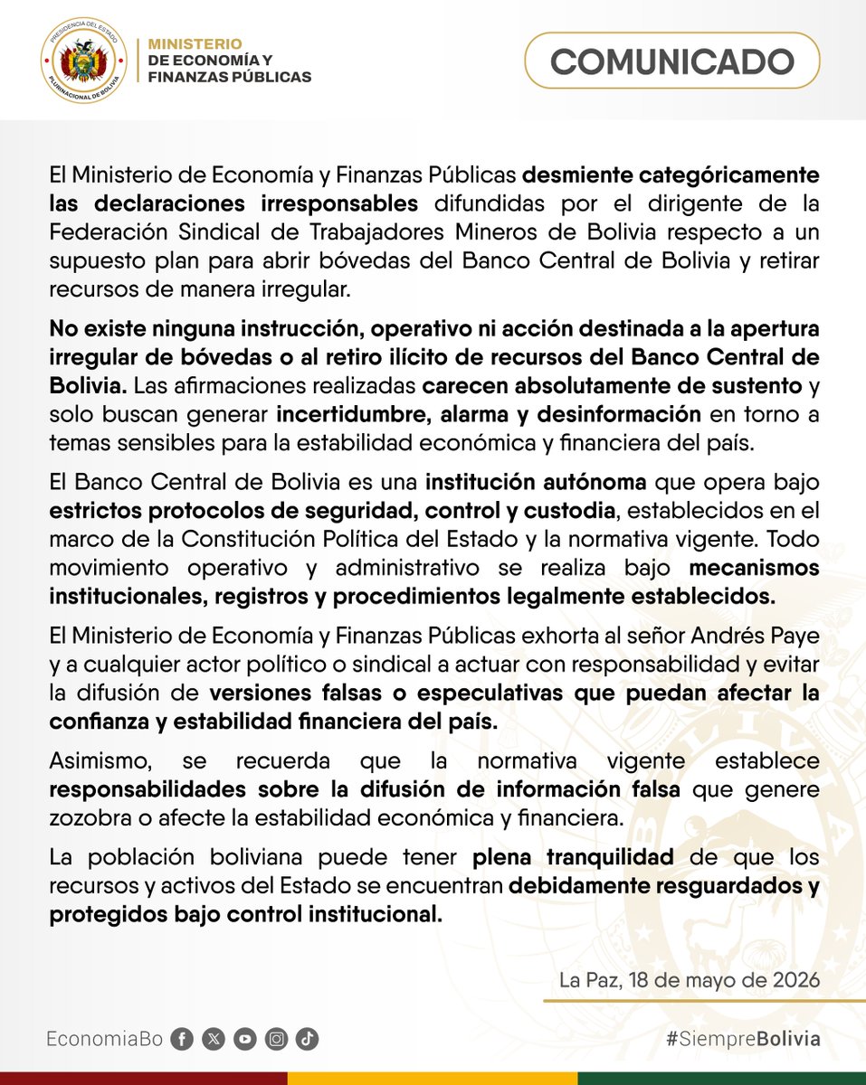 EconomiaBo's tweet photo. #COMUNICADO

El Ministerio de Economía y Finanzas Públicas desmiente categóricamente las declaraciones infundadas respecto a un supuesto plan para la apertura irregular de bóvedas del Banco Central de Bolivia (BCB). https://t.co/WWS2hOCSa0