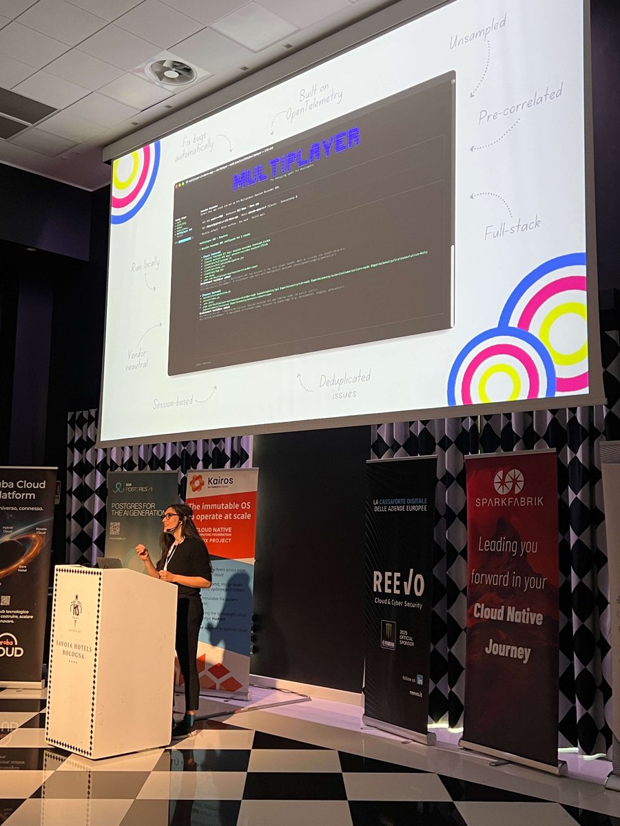 trymultiplayer's tweet photo. Proud to see our Director of Community and DevRel and on stage at Cloud Native Days Italy 2026.

The cognitive cost of too much choice is something we think about a lot at Multiplayer. It's part of why we built our debugging agent to run locally, right next to your coding agent: less context switching, less decision fatigue, more fixing.

Great talk. 💜