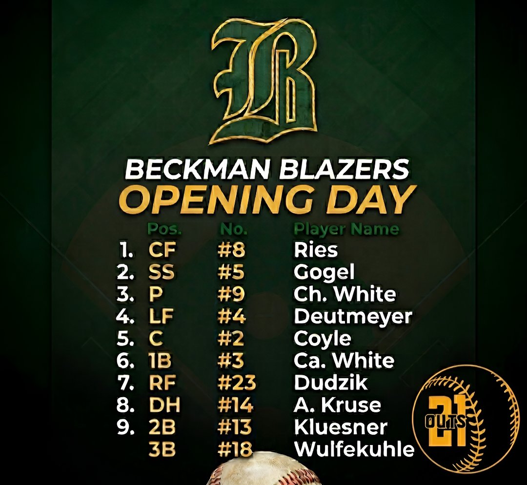 Beckman_BSB's tweet photo. Happy Opening Day! The Blazers play host to Monticello in a conference doubleheader at Jenk Field. First pitch for game one is scheduled for 5 pm. #21Outs
 📻 : 99.3 KDST

Game 1 Lineup: https://t.co/g9sUG3zRko