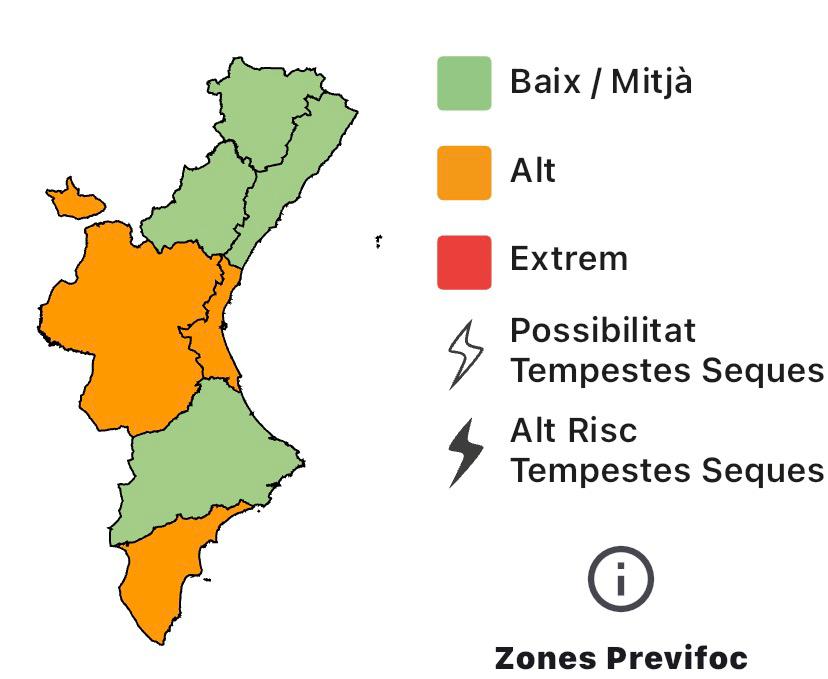GVA112's tweet photo. 🔥El nivell de preemergència per risc d'incendis forestals demà 19/05 és:

🟠Alt a tota la província de València i sud d'Alacant.
🟢Baix-mitjà a la resta de la Comunitat Valenciana.

⚠ Davant qualsevol indici,📲 telefona a l'112

#JoDicStopAlFoc https://t.co/Dq87NbOTAL