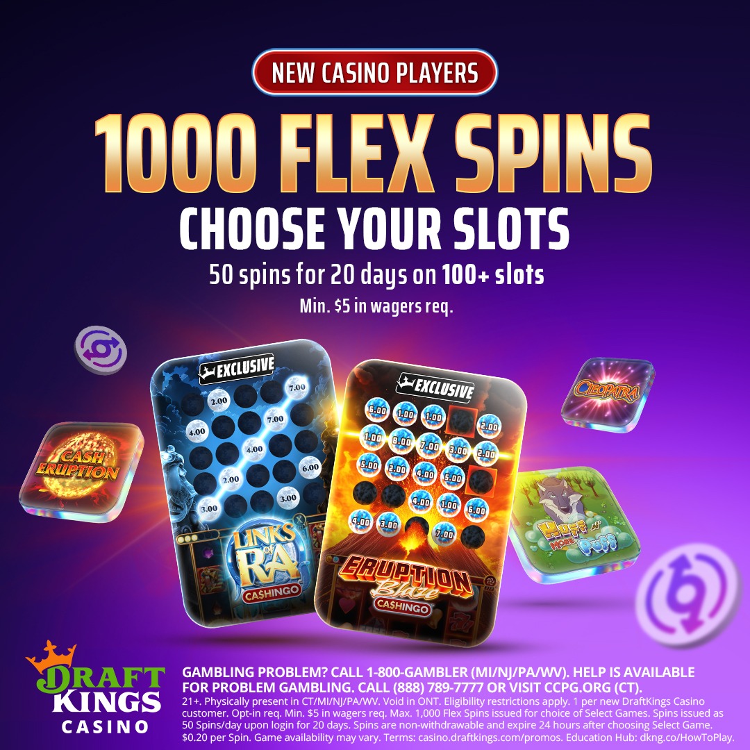 DKCasino's tweet photo. 1000 FLEX SPINS. Your choice of 100+ slots. 

New players, play $5+ on DraftKings Casino to claim 50 Spins a day for your first 20 days on select games!