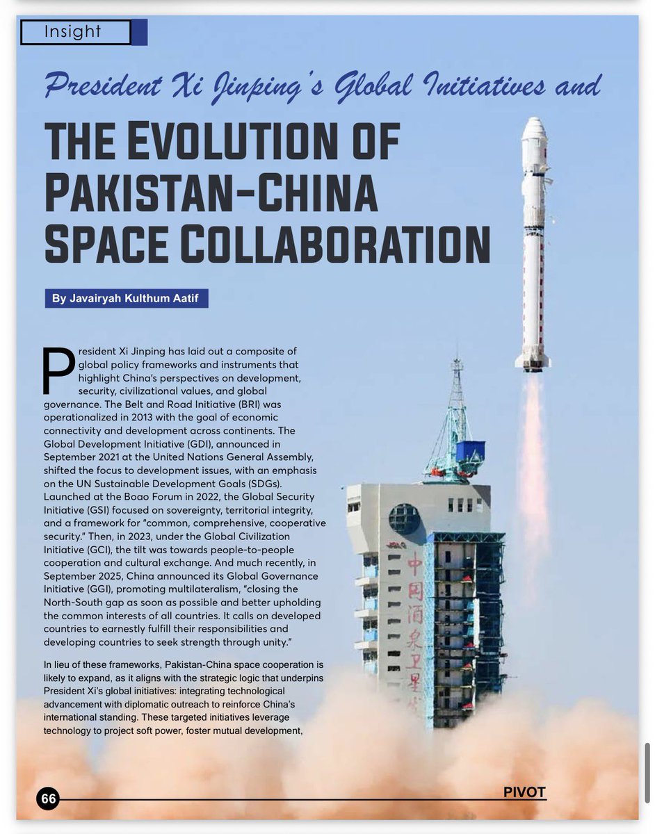 Pivot_ISSI's tweet photo. PIVOT features the article entitled President Xi Jinping’s Global Initiatives and the Evolution of Pakistan-China Space Collaboration by Javairyah Kulthum Atif, exploring strategic cooperation in space diplomacy. https://t.co/zEucOaEL4r