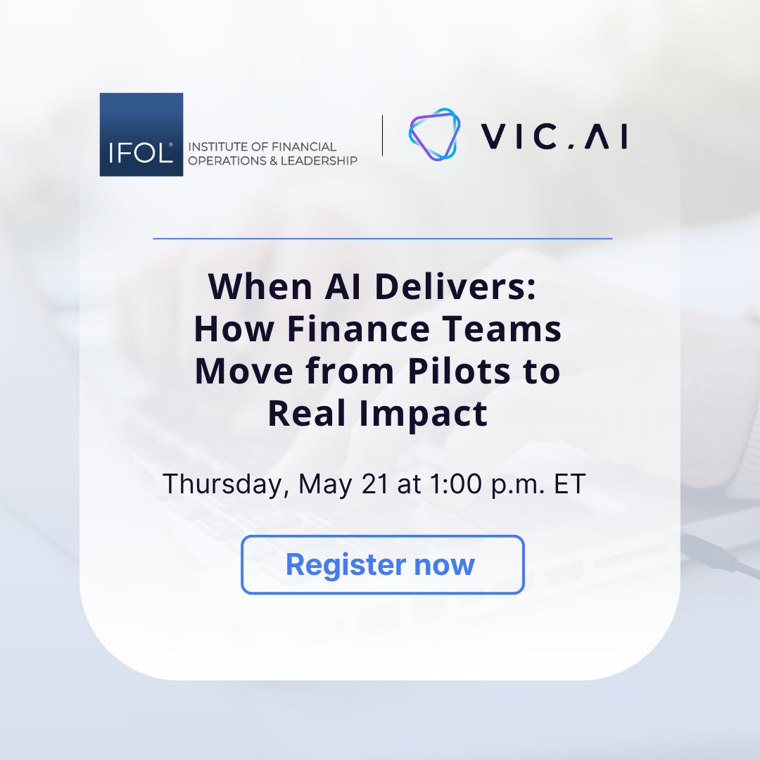 VicDotAi's tweet photo. Join us THIS Thursday for a best practices webinar: "When AI Delivers: How Finance Teams Move from Pilots to Real Impact."

MegaCorp Logistics will join industry experts to discuss what it really takes to move AI from pilot programs to measurable results across finance teams.

Register: https://t.co/J9BxoNPCs5