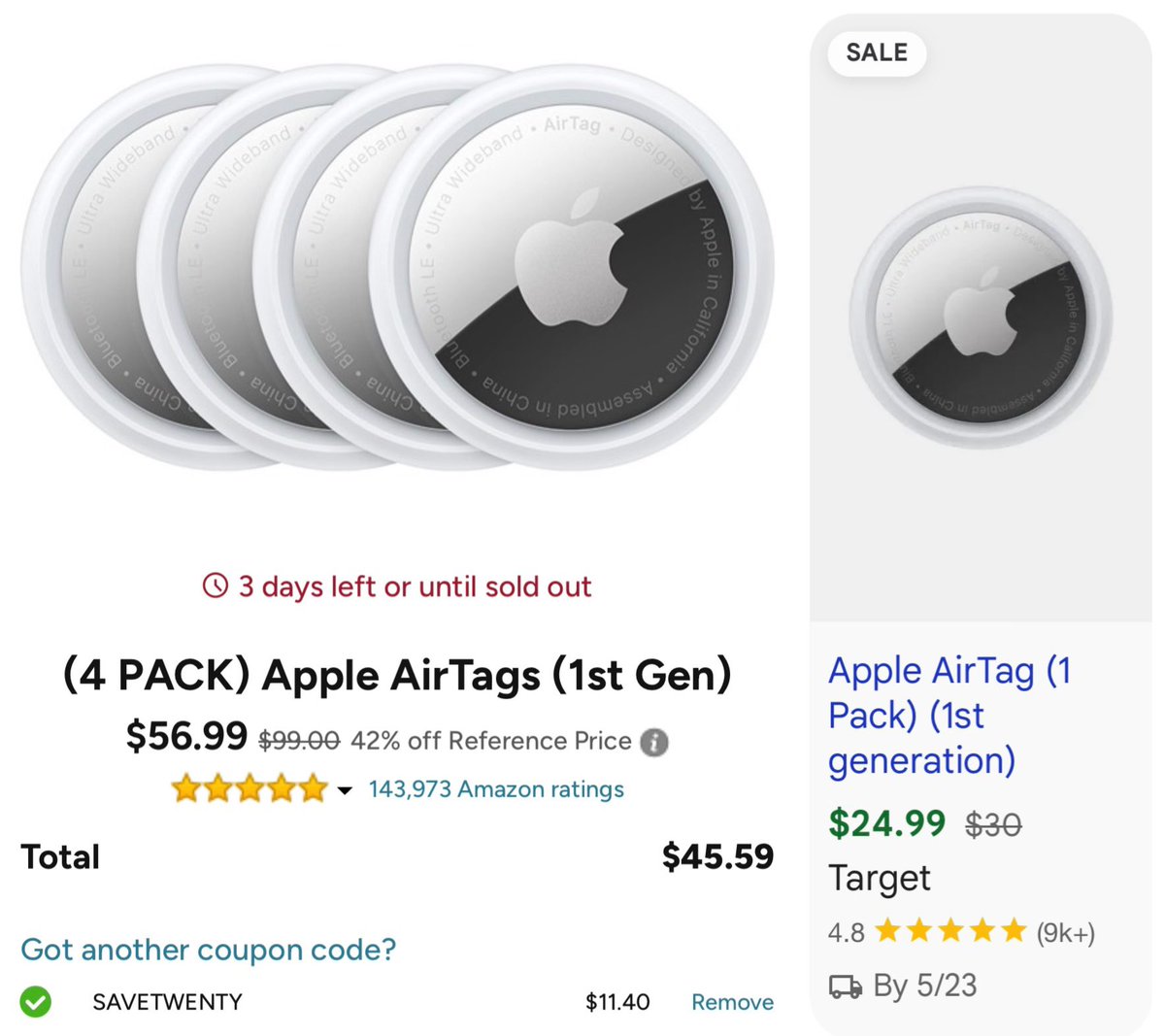 GlitchedDeals's tweet photo. 4-PACK APPLE AIRTAGS FOR LESS THAN 2-PACK

Price drops to $45 with code ‘SAVETWENTY’, was $100

ONE 1st Gen AirTag is selling for $25 at Target

Free shipping included for Amazon Prime members, will sell out

https://t.co/mOCdJsRSzB #ad https://t.co/PXnN5on5nY