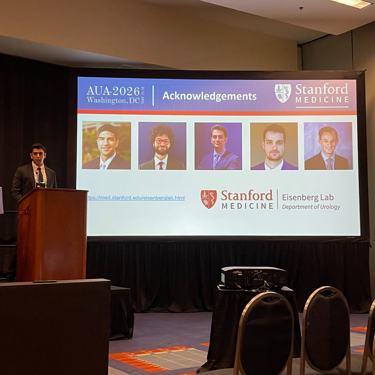 StanfordUrology's tweet photo. @satvir_basran  takes the podium at #AUA26 to present research on transcutaneous electrical nerve stimulation and its potential role in treating delayed ejaculation.

@DrMEisenberg 
@ashkanpal 
@FaustoNegri 
@AmerUrological https://t.co/TNwYSsz5T7