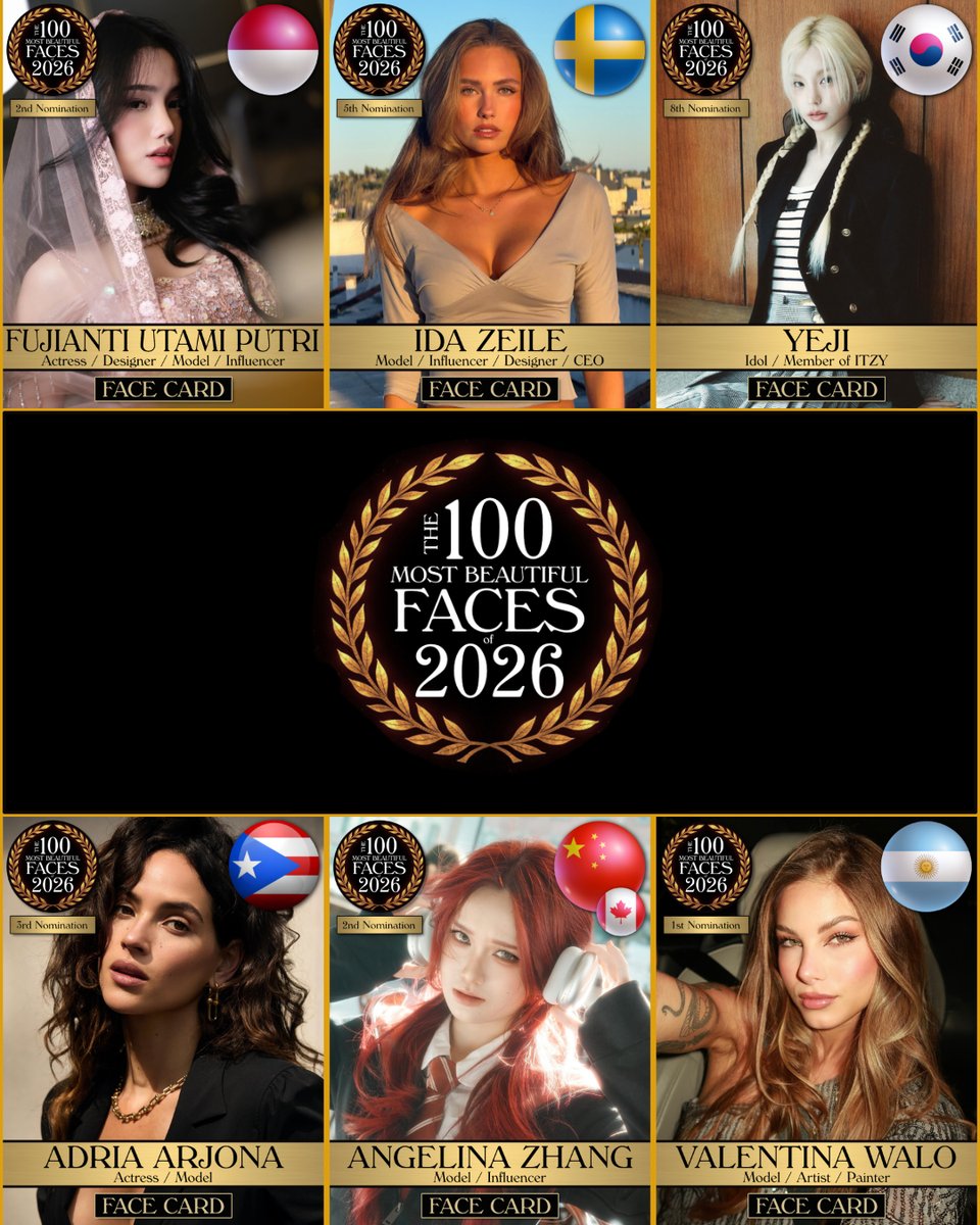 tccandler's tweet photo. Which face deserves more attention?  To nominate &amp; vote please join 70,000+ on our Patreon! (link in bio). #tccandler #100Faces #100faces2026 #fujiantiutamiputri #fujian @IdaZeile #yeji #itzy @ITZYofficial @JYPEITZY_JP @jypnation #adriaarjona #angelinazhang #valentinawalo https://t.co/1vwacxeMGB