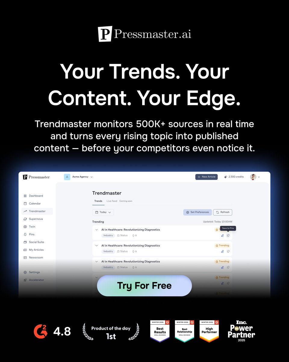 Pressmaster_ai's tweet photo. By the time your agency spots a trending topic, writes the post, gets approval, and publishes. Your competitor already owns it.

That's not a speed problem. That's a system problem.

https://t.co/cisYs4zUXt's Trendmaster monitors 500K+ sources in real time and turns every rising topic into published content for your clients automatically, before anyone else in their niche moves.

First to publish wins the impressions. First to win the impressions wins the clients.

G2 rated 4.8. Product of the Day. Inc. Power Partner 2025.

→ Start your risk-free 7-day trial: https://t.co/K25vLTTMN7