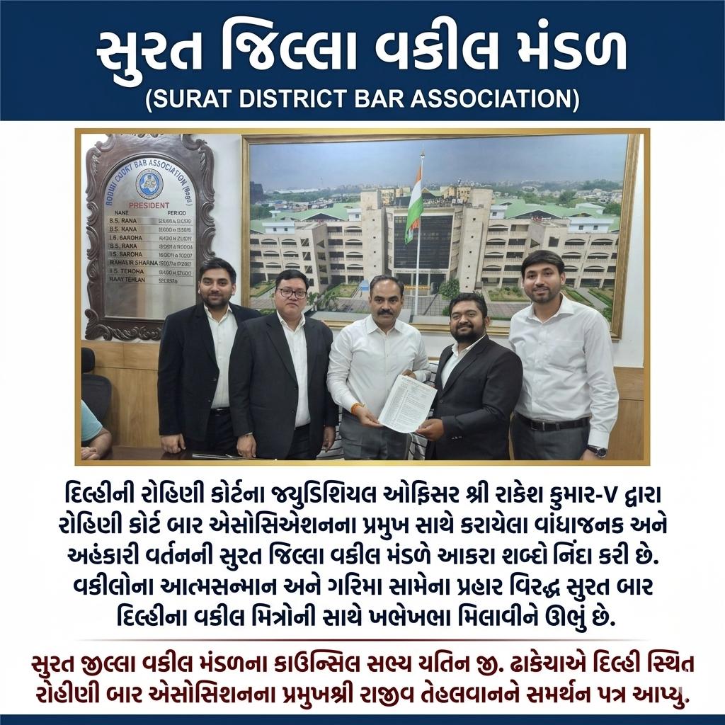 iadvyatind's tweet photo. દિલ્હીની રોહિણી કોર્ટના જ્યુડિ ઓફિસર શ્રી રાકેશ કુમાર દ્વારા રોહિણી કોર્ટ બાર એસોસિએશનના પ્રમુખ સાથે કરાયેલા વર્તનની સુરત જિલ્લા વકીલ મંડળે આકરા શબ્દોમાં નિંદા કરી છે. વકીલોના આત્મસન્માન અને ગરિમા સામેના પ્રહાર વિરુદ્ધ સુરત બાર દિલ્હીના વકીલ મિત્રોની સાથે ખભેખભા મિલાવીને ઊભું છે https://t.co/AnzkupvfIl
