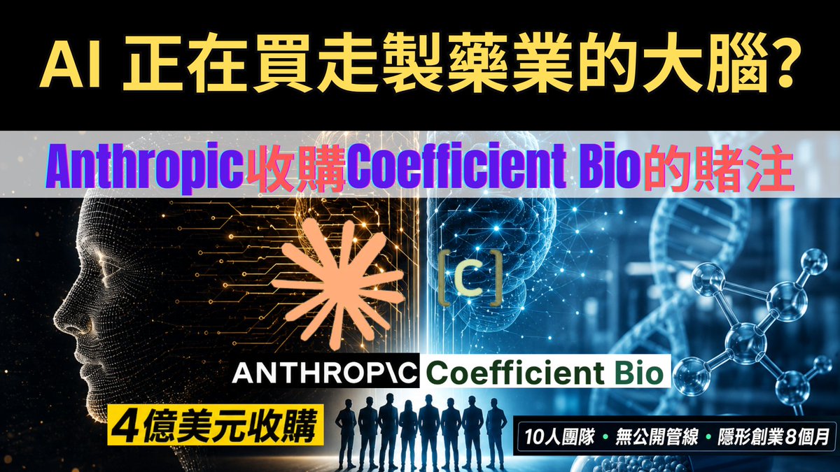 Johnnygwang1's tweet photo. AI 正在買走製藥業的大腦？Anthropic 4 億美元收購 Coefficient Bio 背後的真正賭注 https://t.co/qYW8Wns4W7 via @YouTube https://t.co/8S77hVhuXk