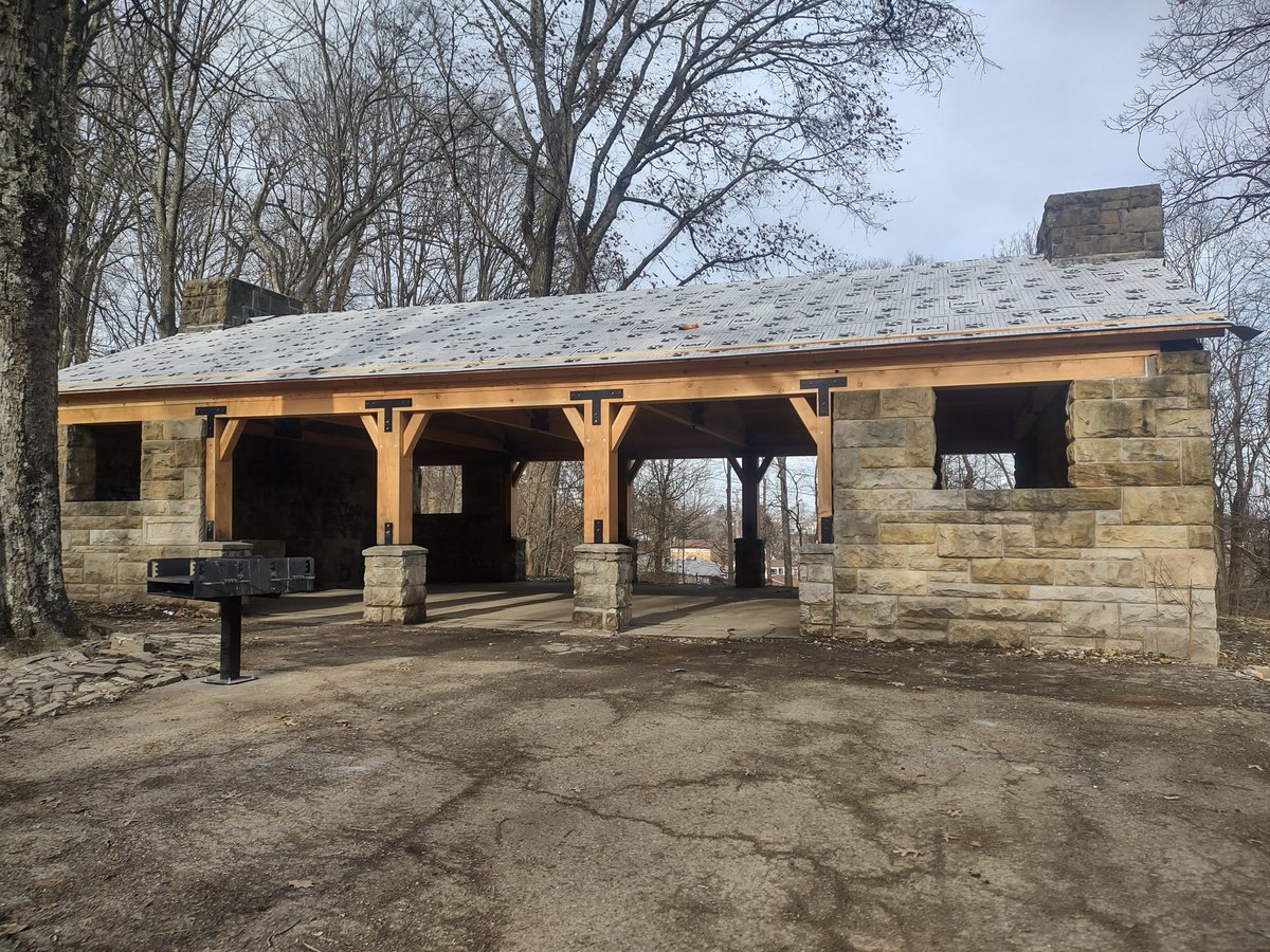Pittsburgh's tweet photo. A piece of Pittsburgh history has been restored! 

Originally built in 1939 through the National Youth Administration, the McBride Park picnic shelter in Lincoln Place has been reconstructed by @PGHDPW with updated engineering support from @HFLENZ and materials from George Hall. https://t.co/sVkqEhjXSA