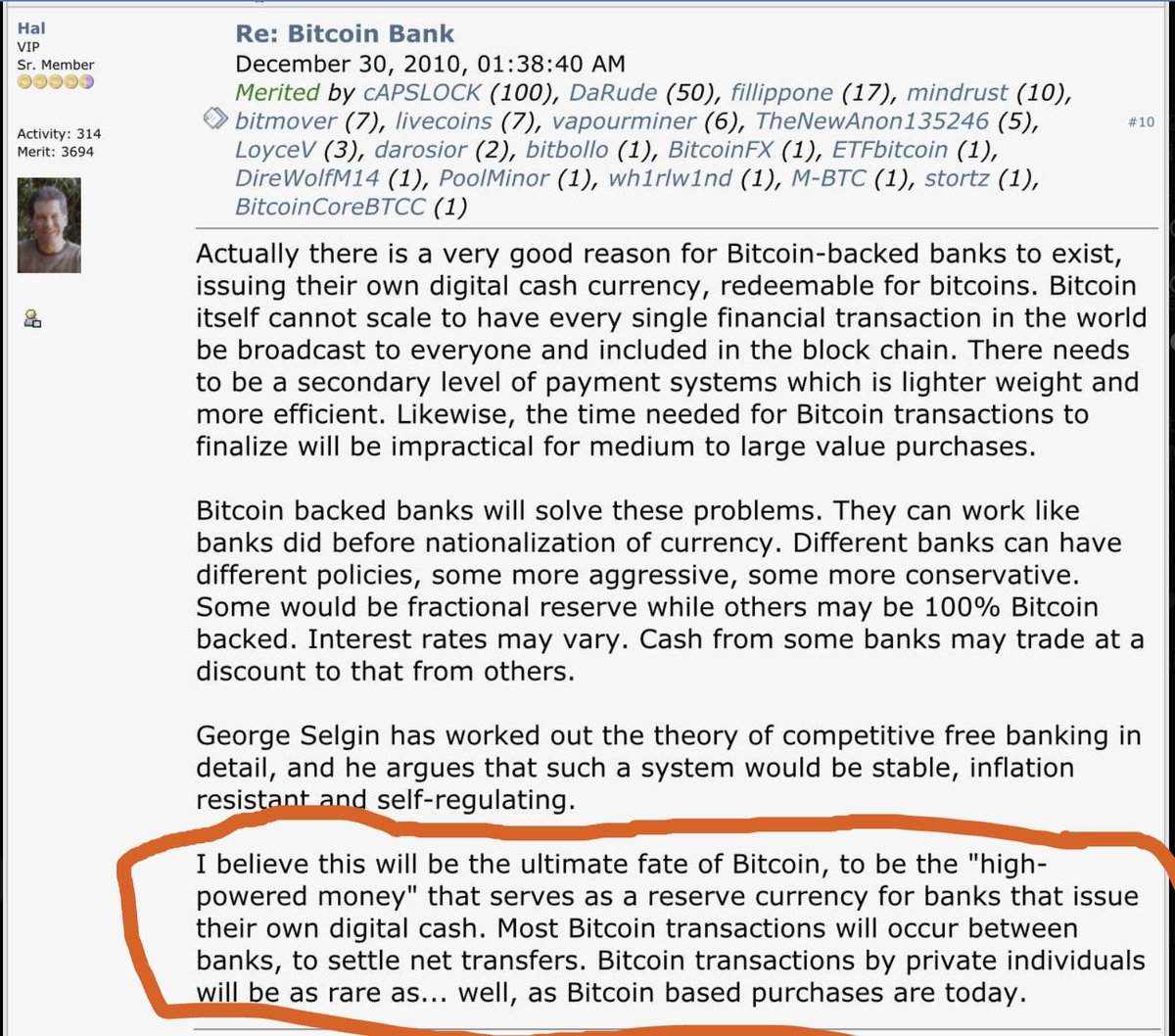 holdmybirra's tweet photo. High-powered money.

Hal Finney entendió en 2010 lo que muchos todavía no entienden en 2026:

Bitcoin no tenía que procesar todos los pagos del mundo.

Tenía que convertirse en la capa final de liquidación.

El error de los críticos es medir Bitcoin como si fuera Visa. El error de los turistas es venderlo como si fuera PayPal. Bitcoin es otra cosa: es dinero de alta potencia.

La base monetaria. El colateral. El activo que no necesita prometer nada porque liquida todo.

Sobre el oro se construyeron bancos. Sobre los Treasuries se construyó el eurodólar. Sobre Bitcoin se va a construir crédito digital — como @AndresFelArias viene diciendo.

No porque Bitcoin "reemplace bancos" en el sentido infantil del meme. Sino porque los obliga a reorganizarse alrededor de un activo que no pueden imprimir.

Al final, la pregunta no es si vas a pagar el café on-chain.

La pregunta es: ¿qué activo va a respaldar el crédito cuando la gente deje de confiar en balances llenos de promesas estatales?

Hal no estaba imaginando un banco con logo naranja. Estaba describiendo el sistema financiero después de que el dinero base deja de ser deuda.

Bitcoin es high-powered money porque no es crédito. Es lo que queda cuando el crédito necesita arrodillarse frente a algo que no puede diluir.

El destino de Bitcoin no era reemplazar el banco. Era ser el activo que todo banco va a necesitar para sobrevivir.