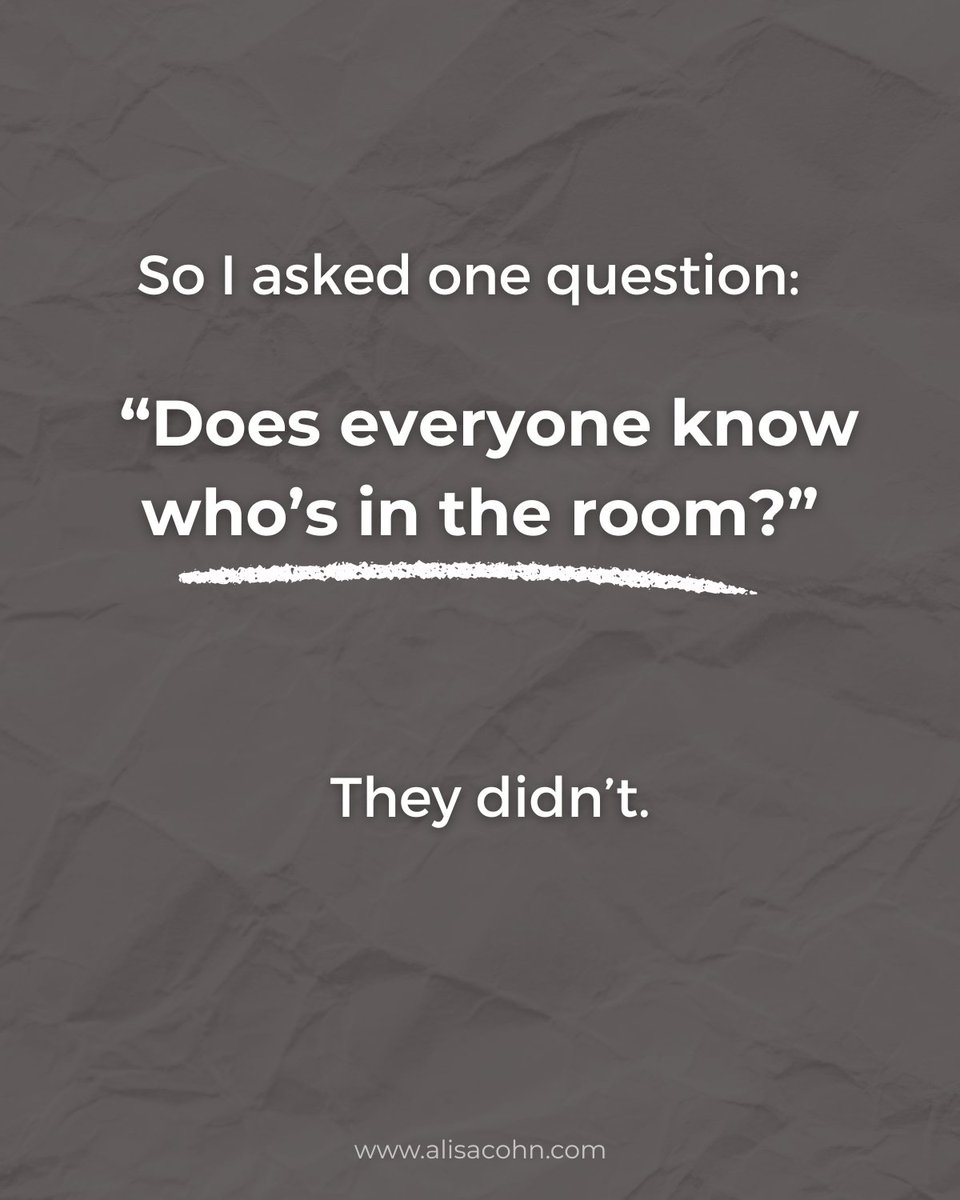 AlisaCohn's tweet photo. I showed up late to a dinner.

(Not ideal I know.)

20 people were already there.

There was small talk inside conversations.

No real connection.

So I asked a simple question:

“Does everyone actually know who’s in the room?”

They didn’t.

So we fixed it.

And within minutes, the entire energy changed.

Here’s what most people ignore:

Leadership doesn’t start with a title.

It starts with noticing what’s missing and stepping in.

Most rooms are waiting for someone to take the lead.

They’re just hoping it’s not them.

If you want to stand out in meetings, events, or your career, check out this carousel.

Be the person who makes the room better.

👉 Save this as a reminder: opportunity doesn’t always look like an invitation.