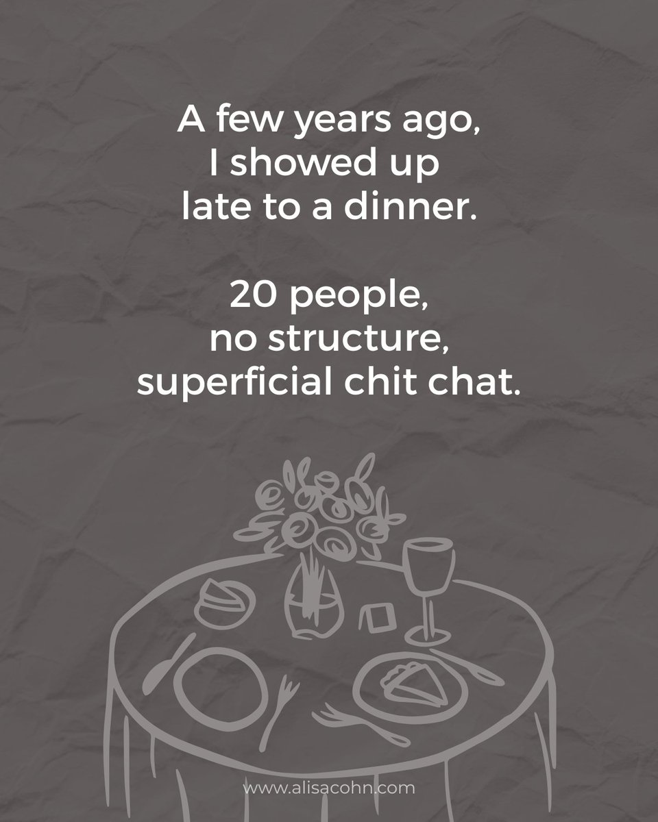 AlisaCohn's tweet photo. I showed up late to a dinner.

(Not ideal I know.)

20 people were already there.

There was small talk inside conversations.

No real connection.

So I asked a simple question:

“Does everyone actually know who’s in the room?”

They didn’t.

So we fixed it.

And within minutes, the entire energy changed.

Here’s what most people ignore:

Leadership doesn’t start with a title.

It starts with noticing what’s missing and stepping in.

Most rooms are waiting for someone to take the lead.

They’re just hoping it’s not them.

If you want to stand out in meetings, events, or your career, check out this carousel.

Be the person who makes the room better.

👉 Save this as a reminder: opportunity doesn’t always look like an invitation.