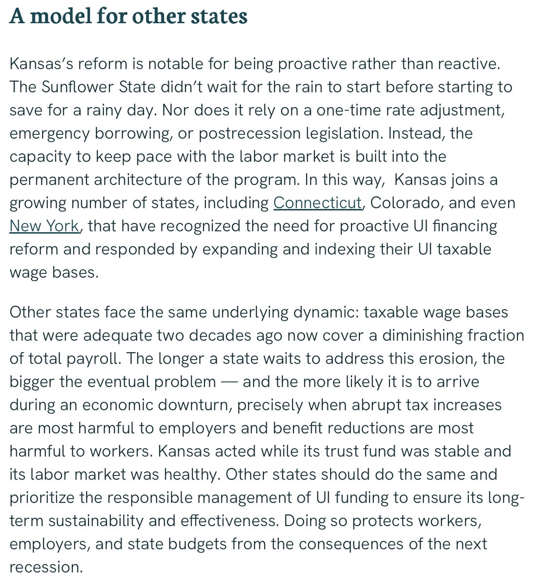 JoshuaTMcCabe's tweet photo. More states are starting to tackle their Unemployment Insurance solvency crises with durable reforms. In a new commentary, @NicholsonSoc highlights Kansas' successful efforts to expand their taxable wage base. ⤵️ https://t.co/d7R4Wg9Za9