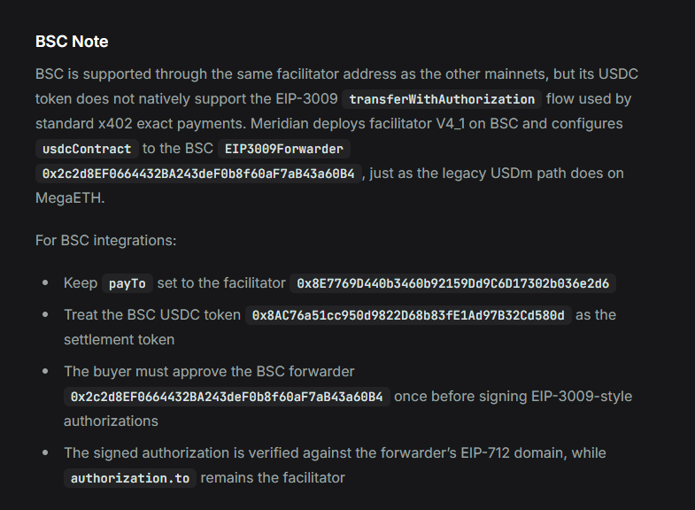 PPLSOPTIMISMCEO's tweet photo. BNB Chain just released its agent SDK. At the same time, Meridian has delivered cross-chain x402 to the same network. No tokens on BSC support EIP (Ethereum improvement proposal) 3009, so in order to do so, Meridian had to build a novel implementation to enable any agent built on BSC to transact with agents on other networks via x402. This is only possible with Meridian, without Meridian they will only be able to transact inside the same network.