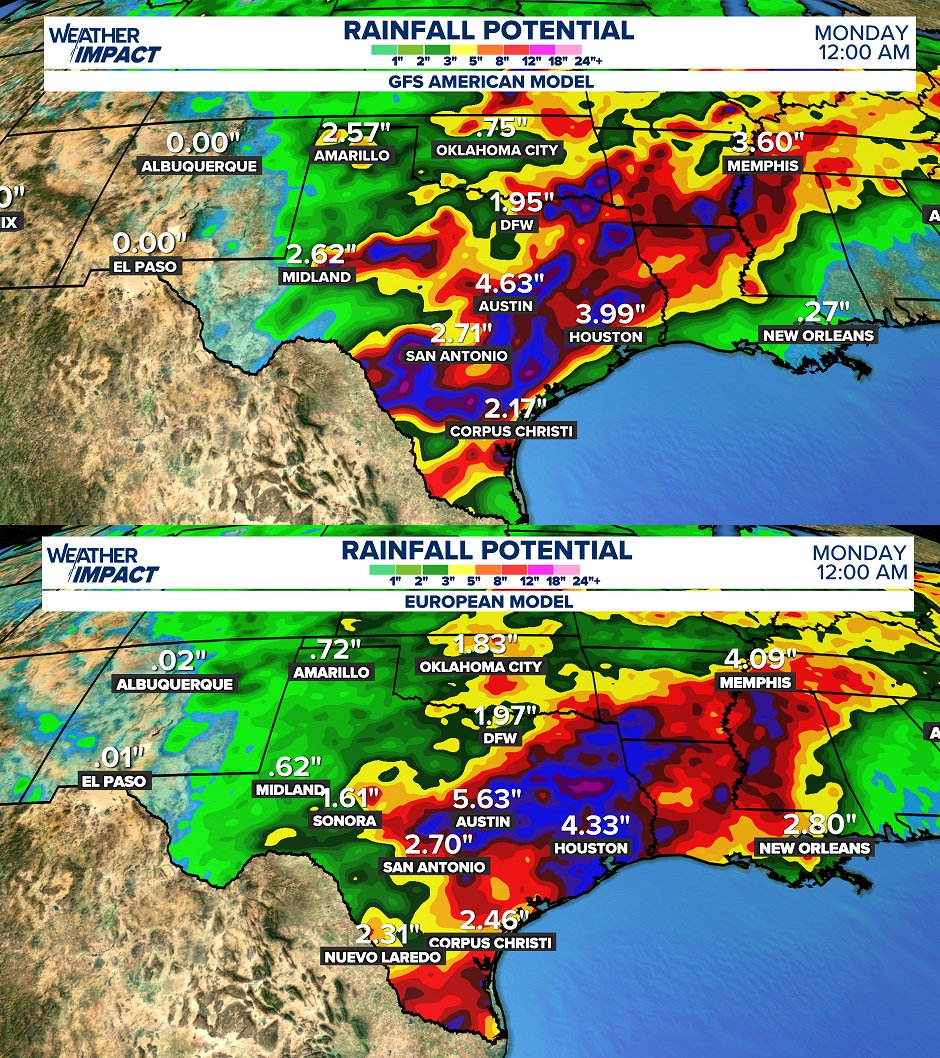 RShoptaugh's tweet photo. #Texas rain into Memorial Day weekend! Expect rounds of scattered showers and storms over the next 7 days as we approach the holiday. The first round will be late Tuesday night. Additional rounds of rain will form into Saturday and Sunday. #txwx https://t.co/I4XueBchQT