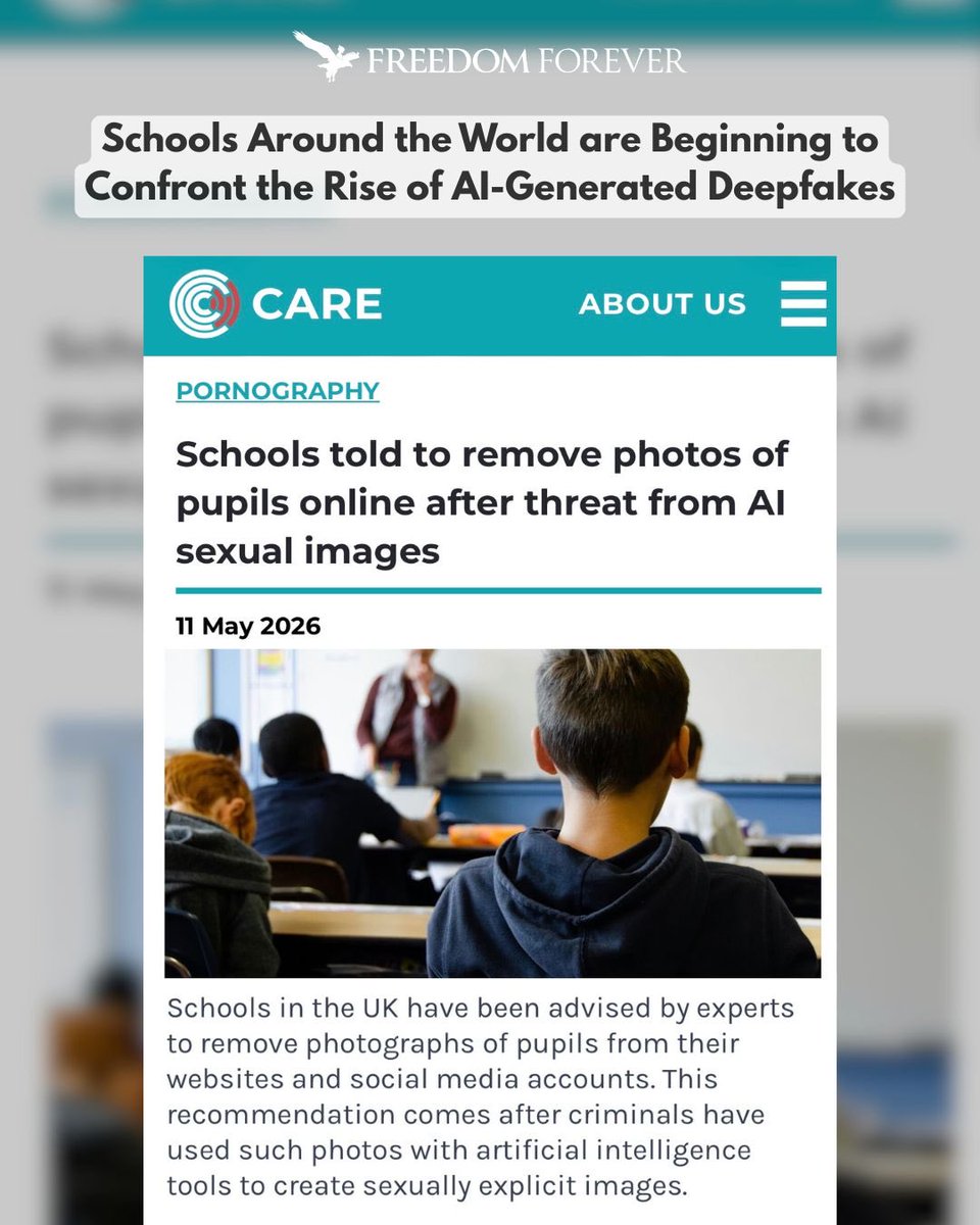 FreeForeverUS's tweet photo. 🚨Schools Are Navigating The Challenges of AI Explicit Deepfakes

Schools have reportedly been advised to remove student photos from websites and social media accounts amid growing concerns surrounding AI-generated explicit deepfakes.

Experts warn that ordinary photos shared online can now be manipulated using artificial intelligence tools to create fake explicit content, raising new concerns for schools, parents, and online child safety worldwide.

In the United States, some schools and education officials are also beginning to implement new policies and guidance surrounding AI-generated deepfakes involving students. As AI technology rapidly advances, many schools and educators are being forced to navigate challenges that didn’t exist just a few years ago.